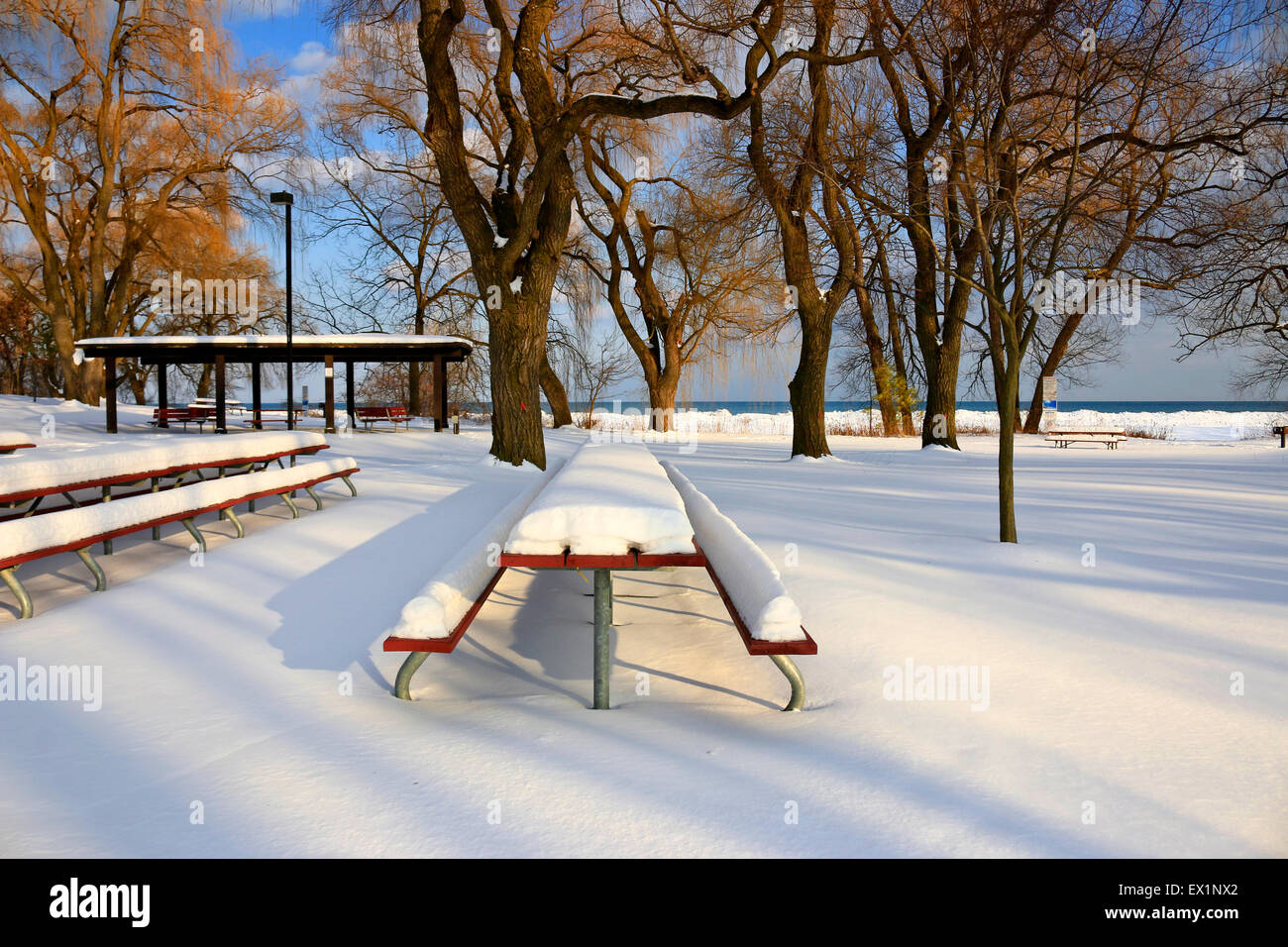 Parc couvert de neige à Port Credit, Mississauga par la rive du lac Ontario sous la neige fraîche Banque D'Images