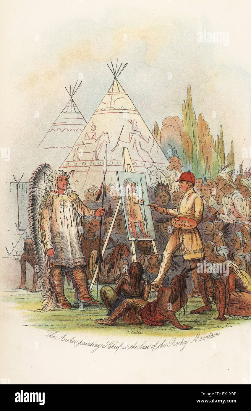 George Catlin peindre un portrait d'un Amérindien Pied-Noir chef à la base des montagnes Rocheuses. Banque D'Images