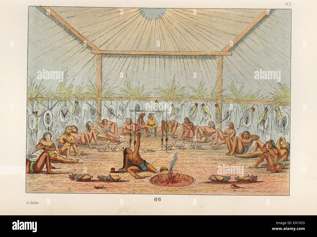 Mandans cérémonie religieuse. Le gardien de la cérémonie, O-kee-pa ka-se-kah, priant par le feu dans un lodge avec de jeunes hommes du village. Lithographie coloriée de George Catlin's Manners, les douanes et l'état des Indiens d'Amérique du Nord, Londres, 1841. Banque D'Images