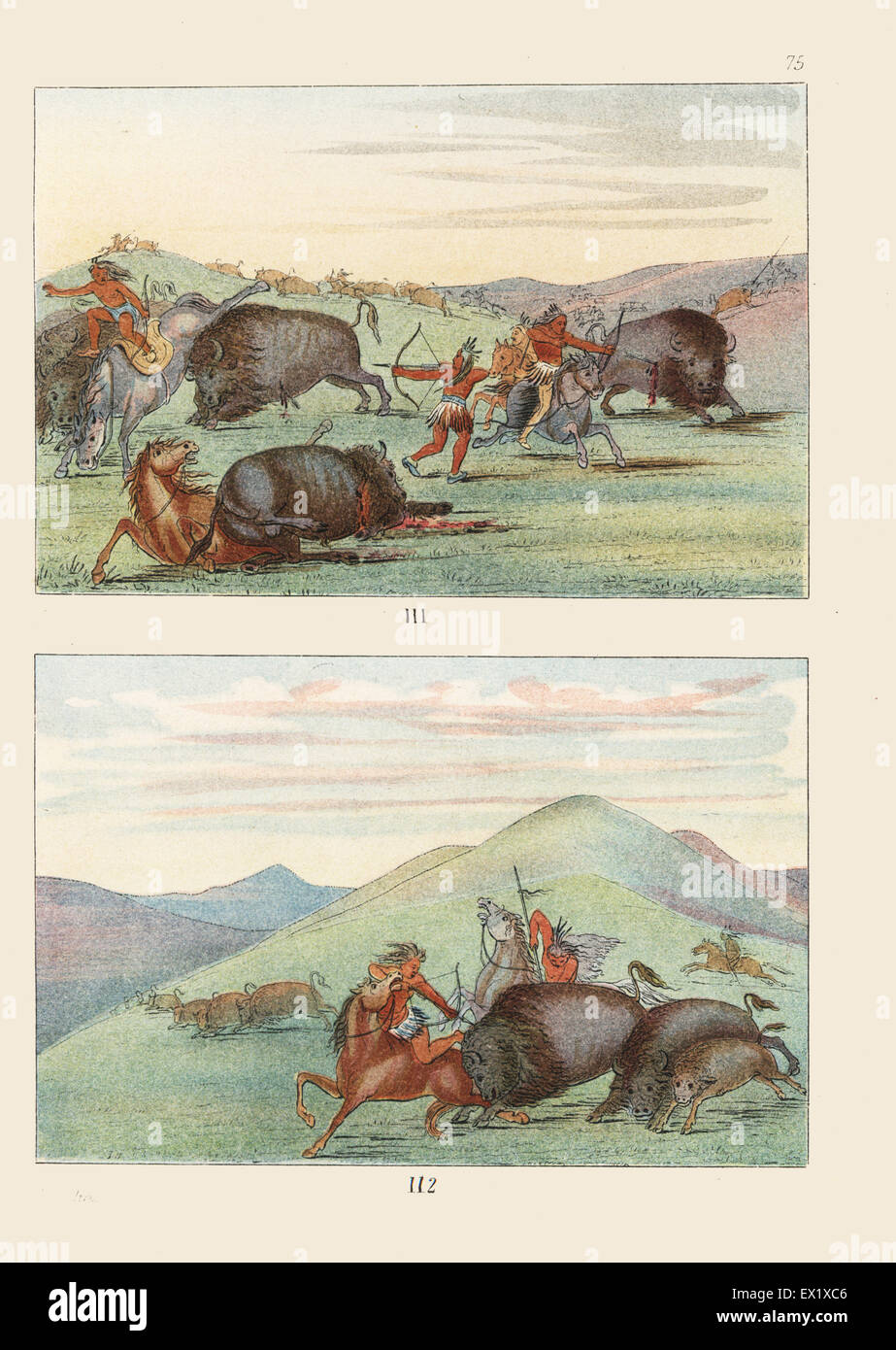 Les chasseurs autochtones américains attaqués par la défense de leurs jeunes taureaux au cours d'une chasse au bison. Lithographie coloriée de George Catlin's Manners, les douanes et l'état des Indiens d'Amérique du Nord, Londres, 1841. Banque D'Images