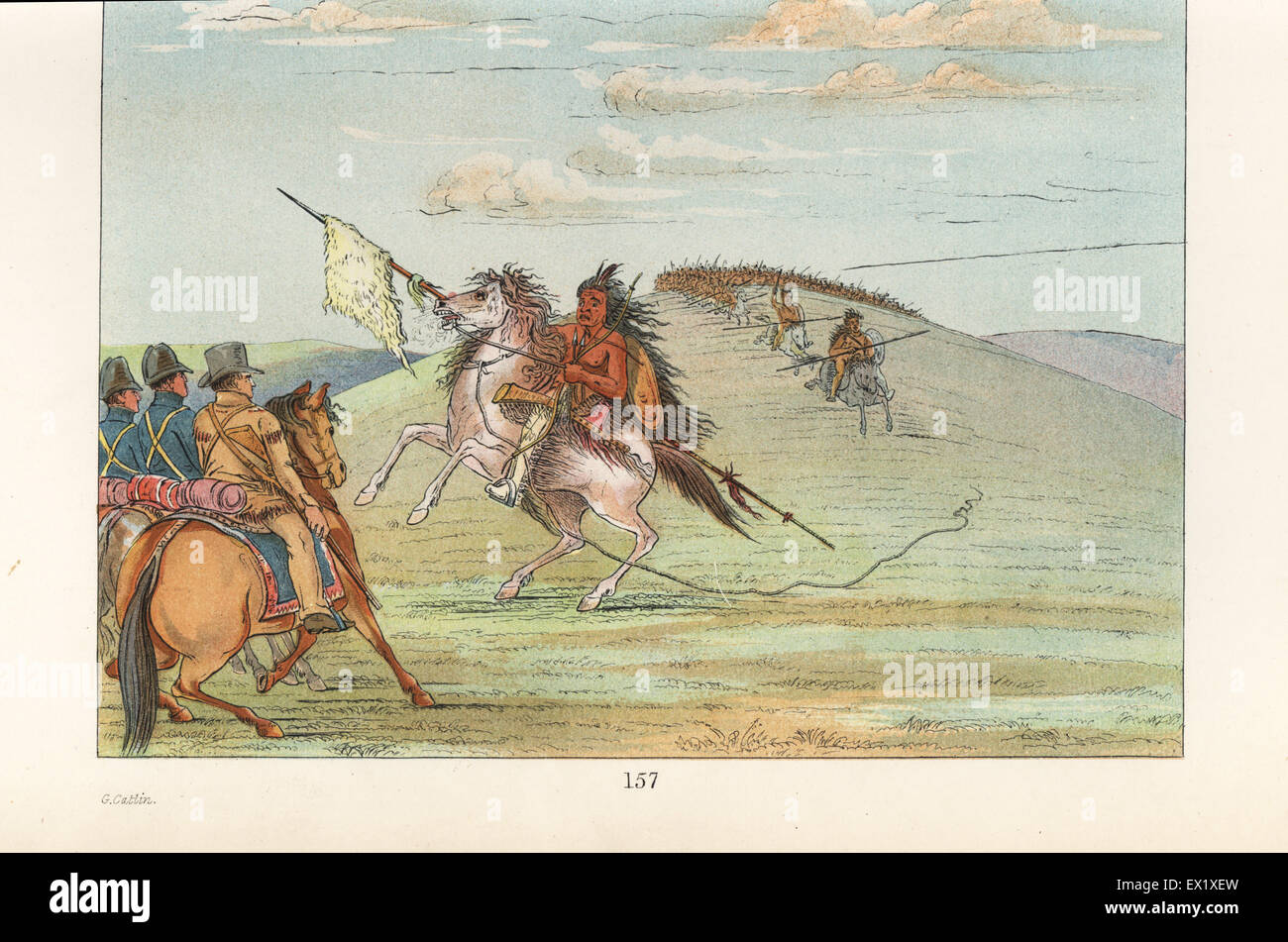 Chef d'un parti de guerre le Comanche nation approchant le Colonel Henry de Dodge et 1e régiment de dragons des États-Unis avec un drapeau blanc. Lithographie coloriée de George Catlin's Manners, les douanes et l'état des Indiens d'Amérique du Nord, Londres, 1841. Banque D'Images