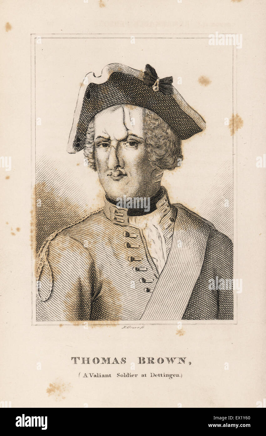 Thomas Brown, vaillant soldat anglais à Dettingen qui repris la norme régimentaire en dépit des huit coupes épée et deux musketballs. La gravure sur cuivre par R. tombe de John Caulfield's Portraits, mémoires et caractères de personnes remarquables, jeune, Londres, 1819. Banque D'Images