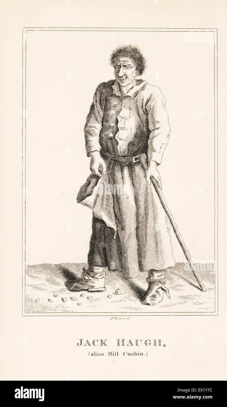 Jack alias Haugh Mill Cushin, Dublin mendiant avec shilelagh et la mendicité. La gravure sur cuivre par R. tombe de John Caulfield's Portraits, mémoires et caractères de personnes remarquables, jeune, Londres, 1819. Banque D'Images