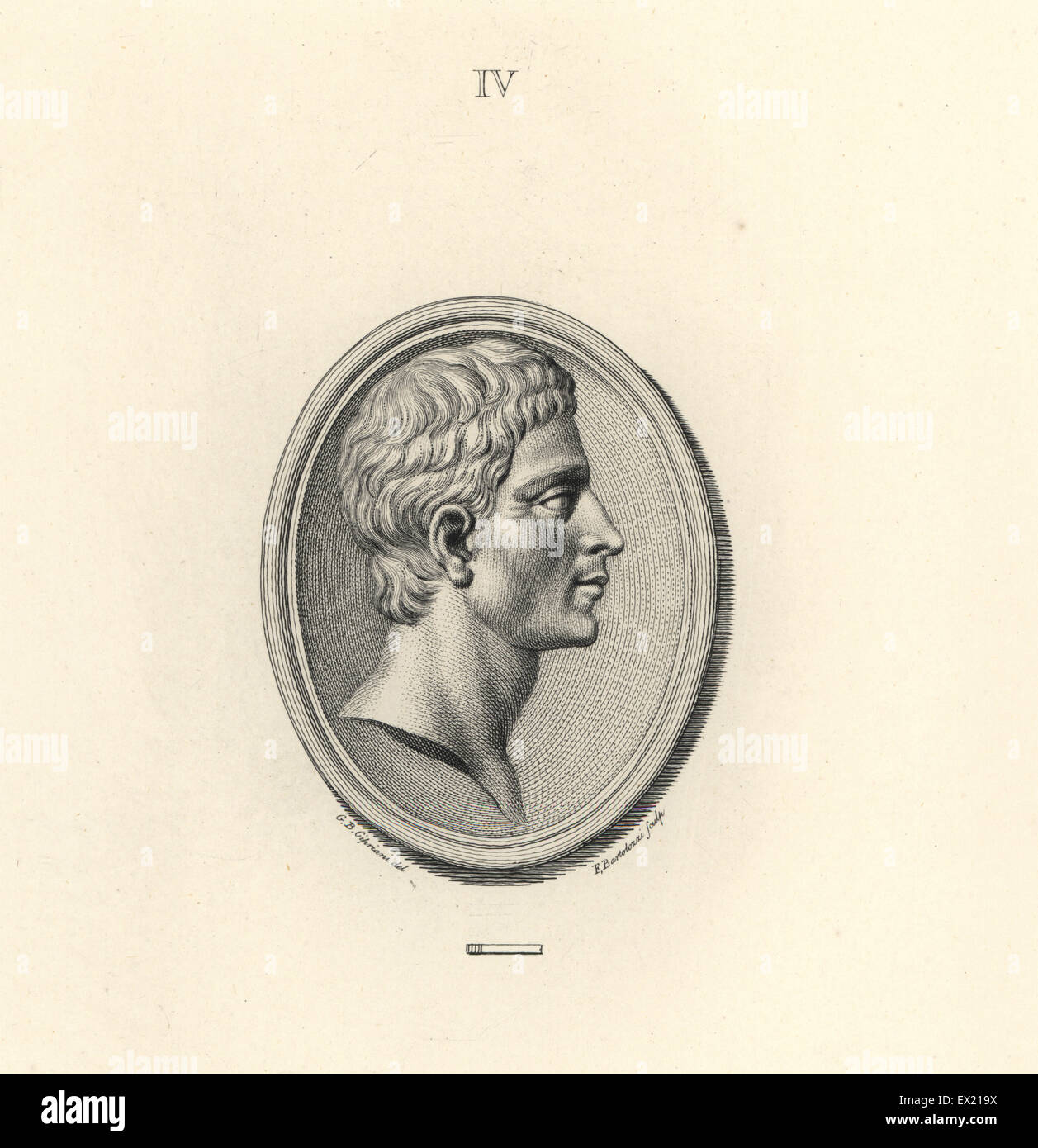 Marcus Junius Brutus, homme politique romain qui a dirigé l'assassinat de Jules César. La gravure sur cuivre par Francesco Bartolozzi après un dessin de Giovanni Battista Cipriani à partir de 108 plaques de pierres antiques, 1860. Les pierres étaient de la collection du duc de Marlborough. Banque D'Images