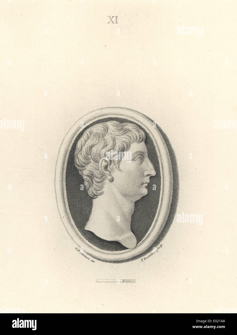 Chef de l'Empereur romain Tibère. La gravure sur cuivre par Francesco Bartolozzi après un dessin de Giovanni Battista Cipriani à partir de 108 plaques de pierres antiques, 1860. Les pierres étaient de la collection du duc de Marlborough. Banque D'Images