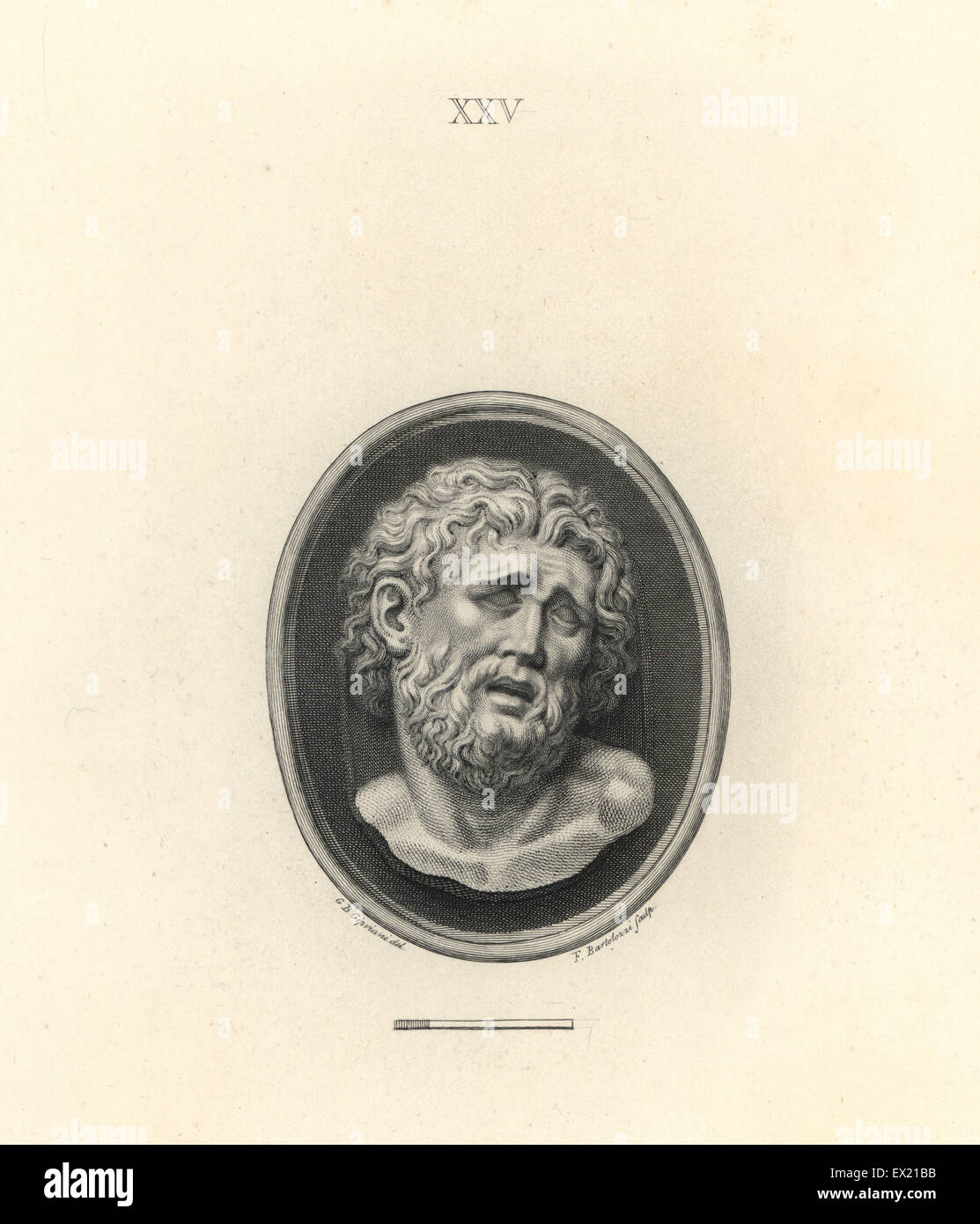 Tête de Laocoon, prêtre de Troie attaché par des serpents géants dans la mythologie grecque. La gravure sur cuivre par Francesco Bartolozzi après un dessin de Giovanni Battista Cipriani à partir de 108 plaques de pierres antiques, 1860. Les pierres étaient de la collection du duc de Marlborough. Banque D'Images