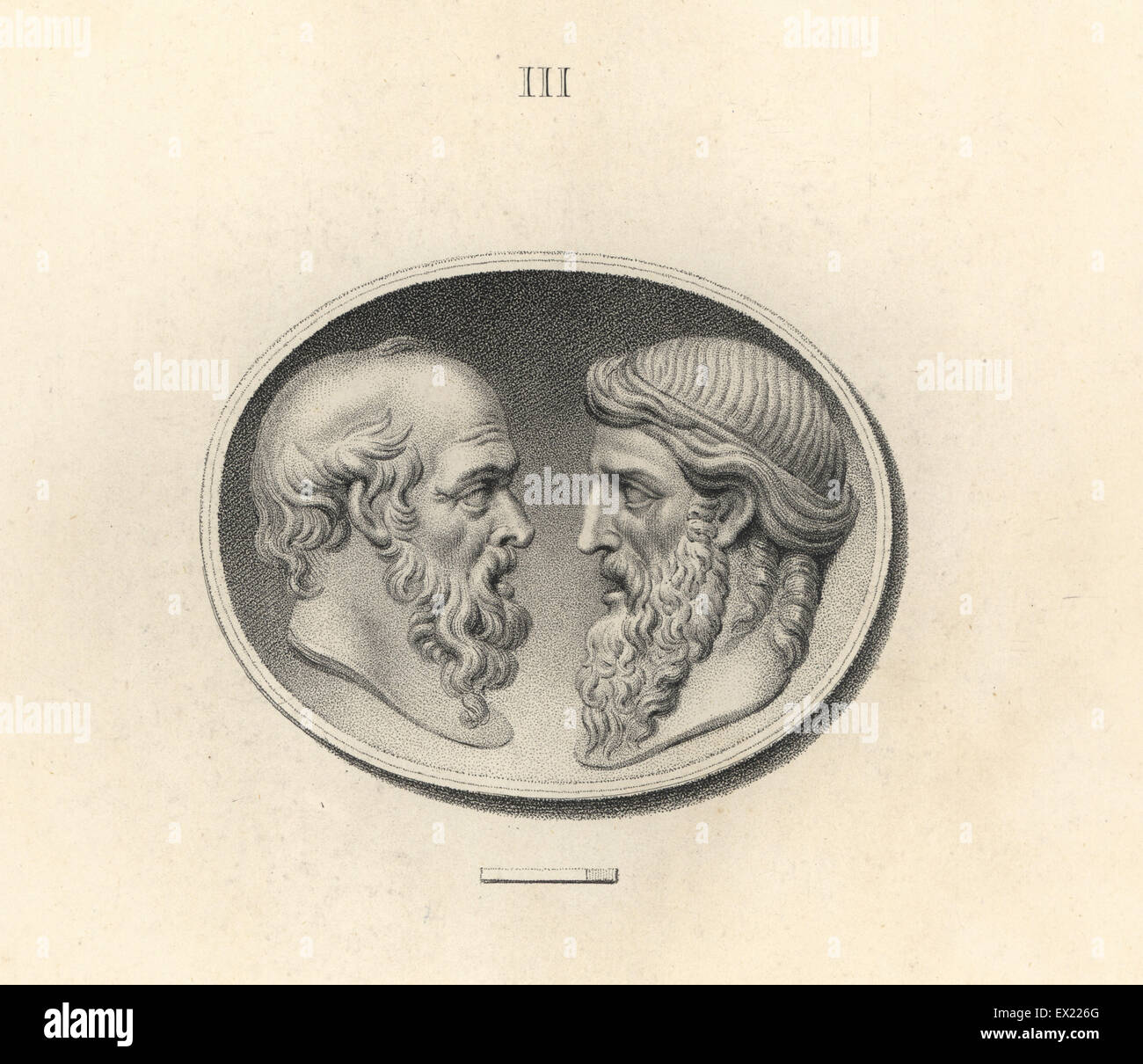 Les chefs de philosophes grecs Socrate et Platon. La gravure sur cuivre par Francesco Bartolozzi à partir de 108 plaques de pierres antiques, 1860. Les pierres étaient de la collection du duc de Marlborough. Banque D'Images