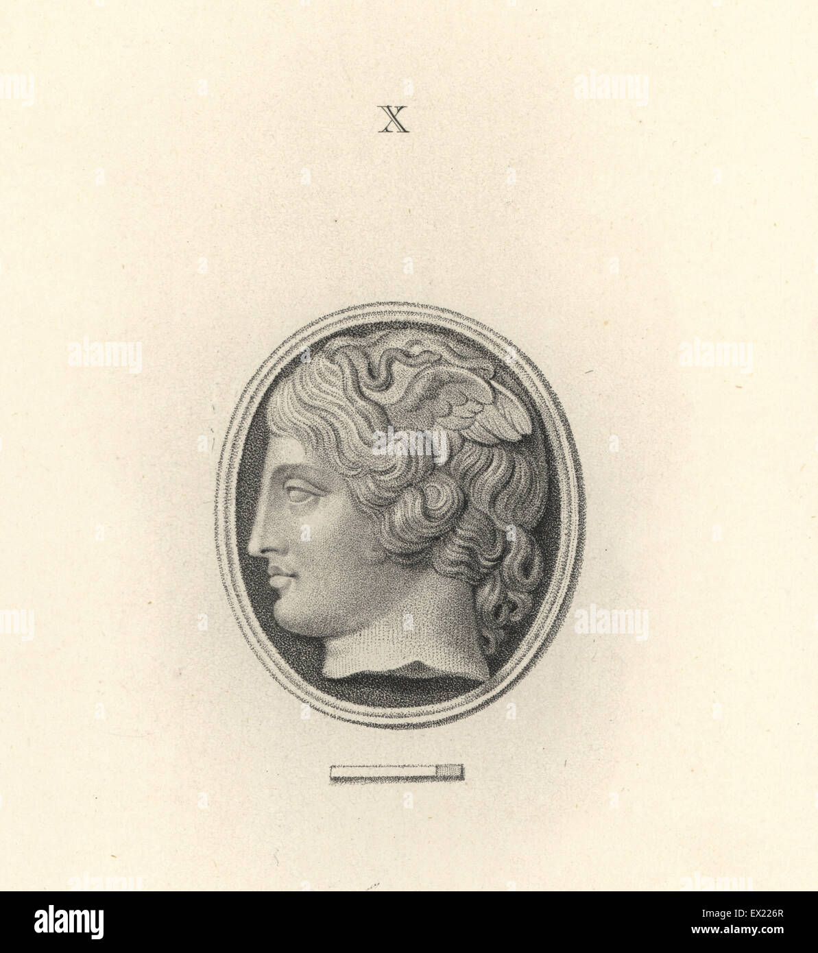 La tête de la Gorgone Méduse, avec des serpents et des ailes dans ses cheveux. La gravure sur cuivre par Francesco Bartolozzi à partir de 108 plaques de pierres antiques, 1860. Les pierres étaient de la collection du duc de Marlborough. Banque D'Images