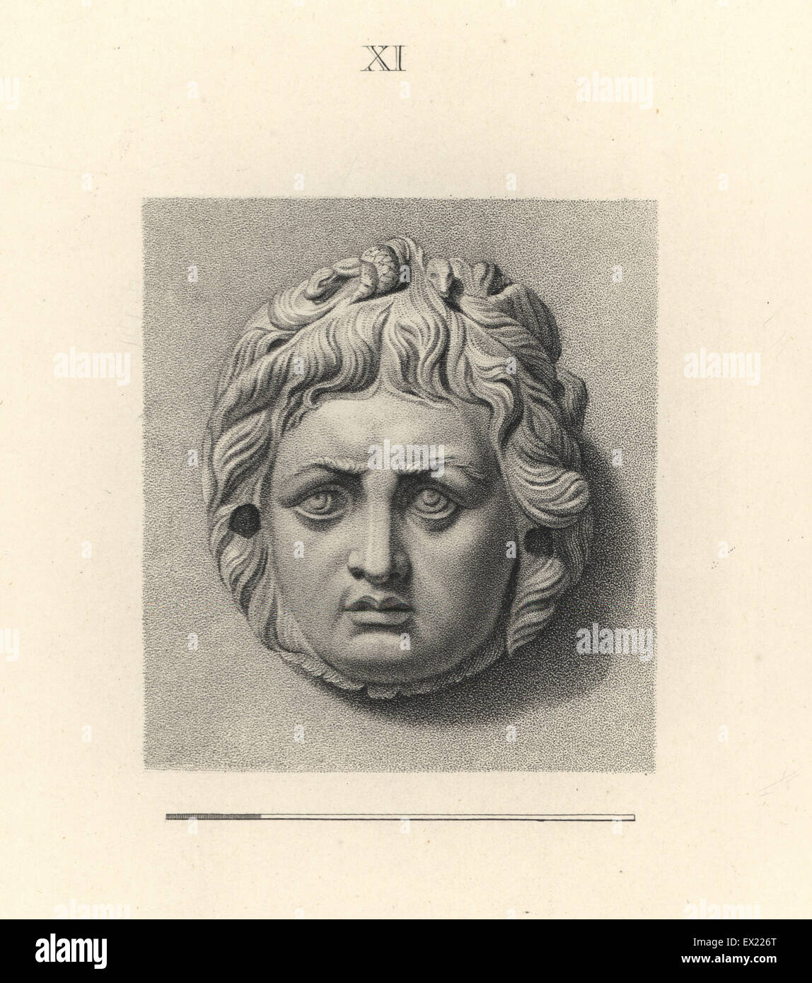 La tête de la Gorgone Méduse, avec serpent dans ses cheveux. La gravure sur  cuivre par Francesco Bartolozzi à partir de 108 plaques de pierres  antiques, 1860. Les pierres étaient de la