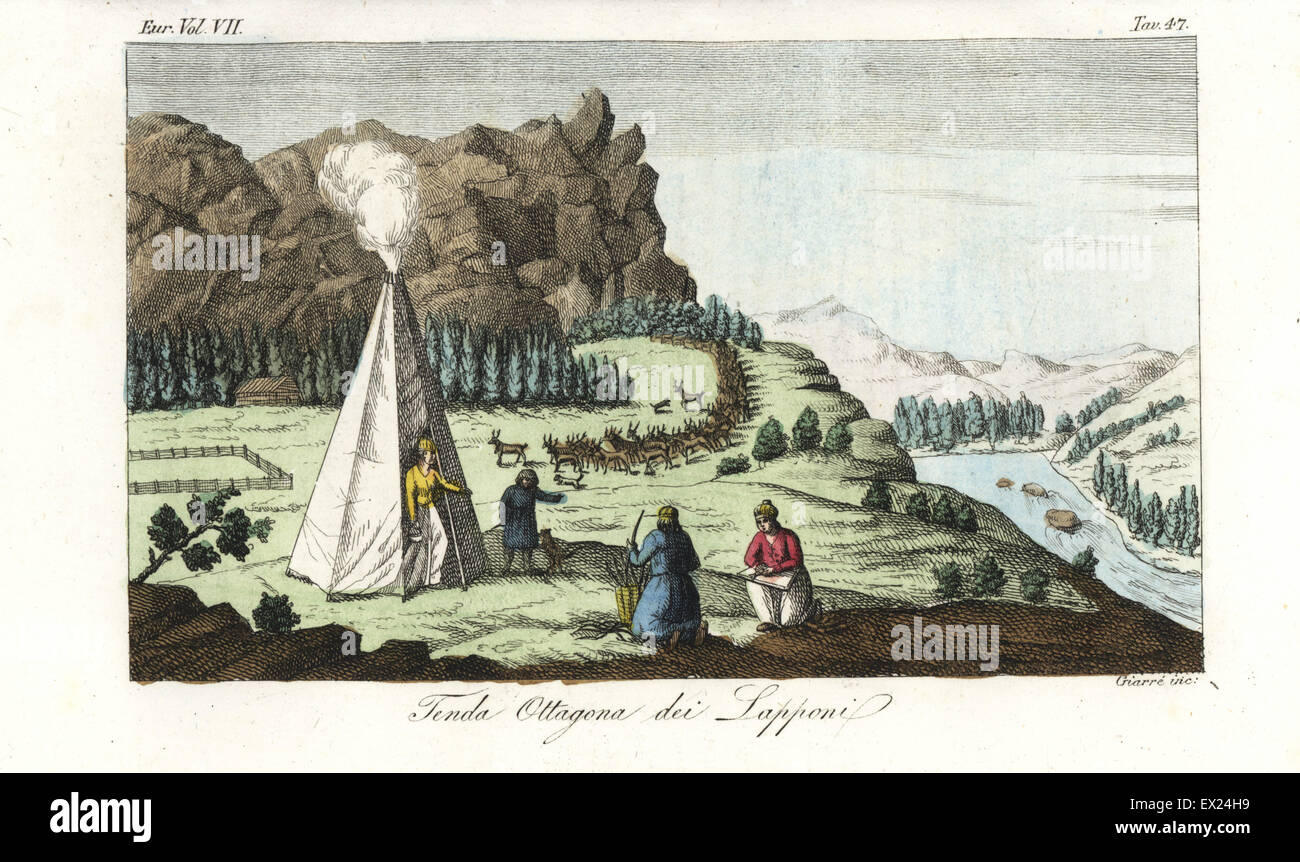 Sami (Lapons) dans une tente octogonale avec troupeau de rennes. La gravure sur cuivre coloriée par Giarre de Giulio Ferrario Costumes d'antique et moderne des peuples du monde, Florence, 1847. Banque D'Images Sami (Lapons) dans une tente octogonale avec troupeau de rennes. La gravure sur cuivre coloriée par Giarre de Giulio Ferrario Costumes d'antique et moderne des peuples du monde, Florence, 1847. Banque D'Images