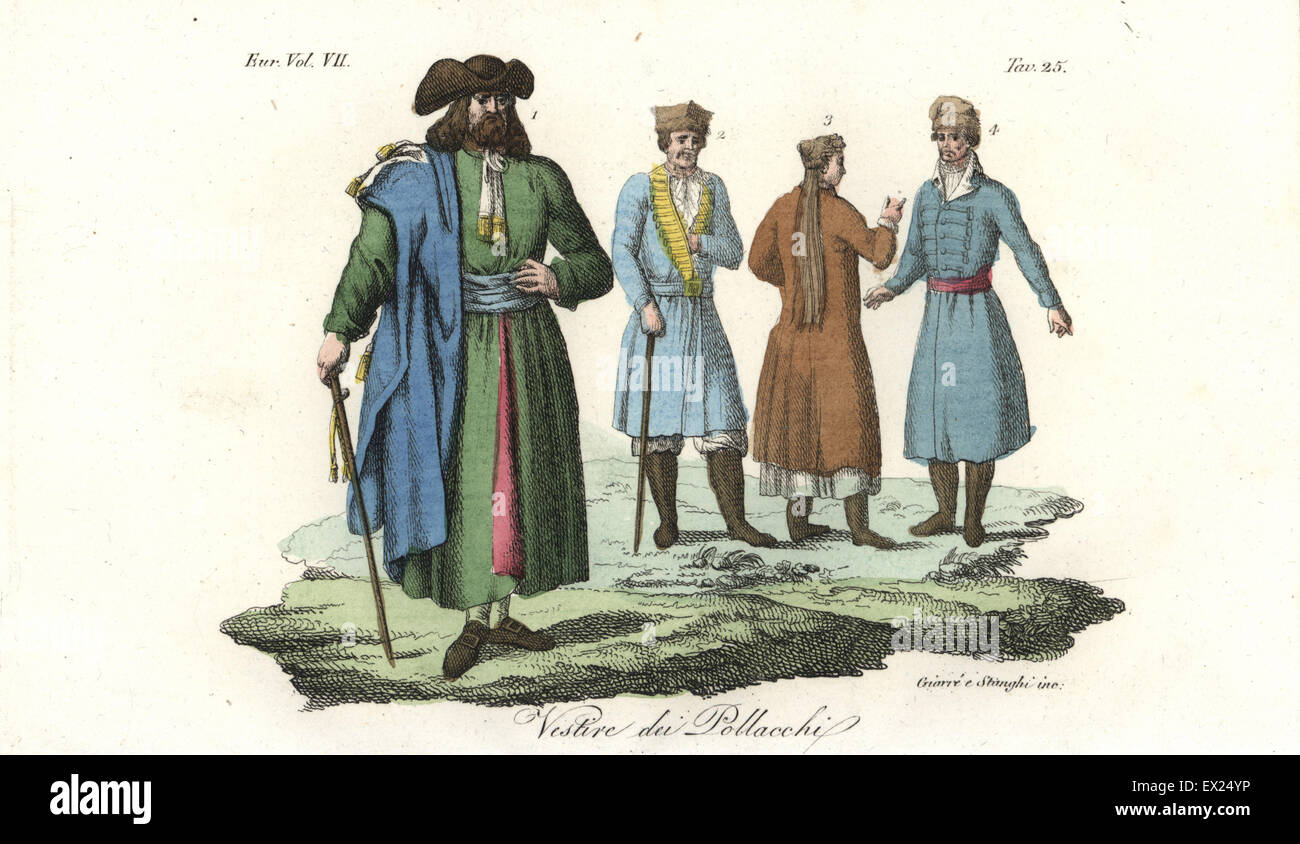 Costumes polonais, 18e siècle : Juif polonais, 1 homme polonais dans l'usure formelle, 2, 3 femme et homme en vêtements réguliers 4. La gravure sur cuivre coloriée par Giarre et Stanghi de Giulio Ferrario Costumes d'antique et moderne des peuples du monde, Florence, 1847. Banque D'Images