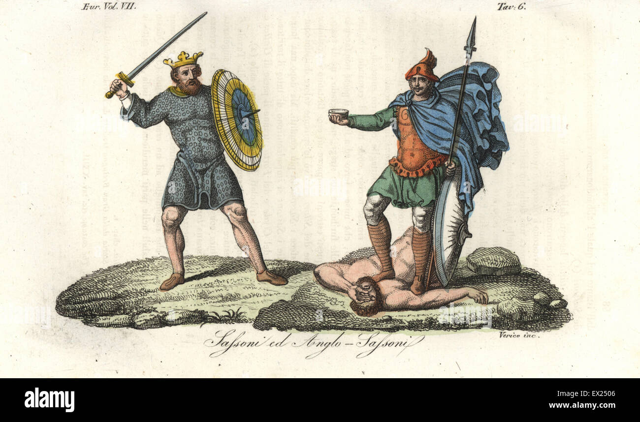 Roi de Saxe en cotte tunique à double tranchant et le bouclier, Et le roi anglo-saxon de l'Heptarchie, 8e siècle, en cuir pectoral debout sur un ennemi vaincu avec une tasse fabriquée à partir d'un crâne humain. La gravure sur cuivre coloriée par Verico de Giulio Ferrario Costumes d'antique et moderne des peuples du monde, Florence, 1847. Banque D'Images
