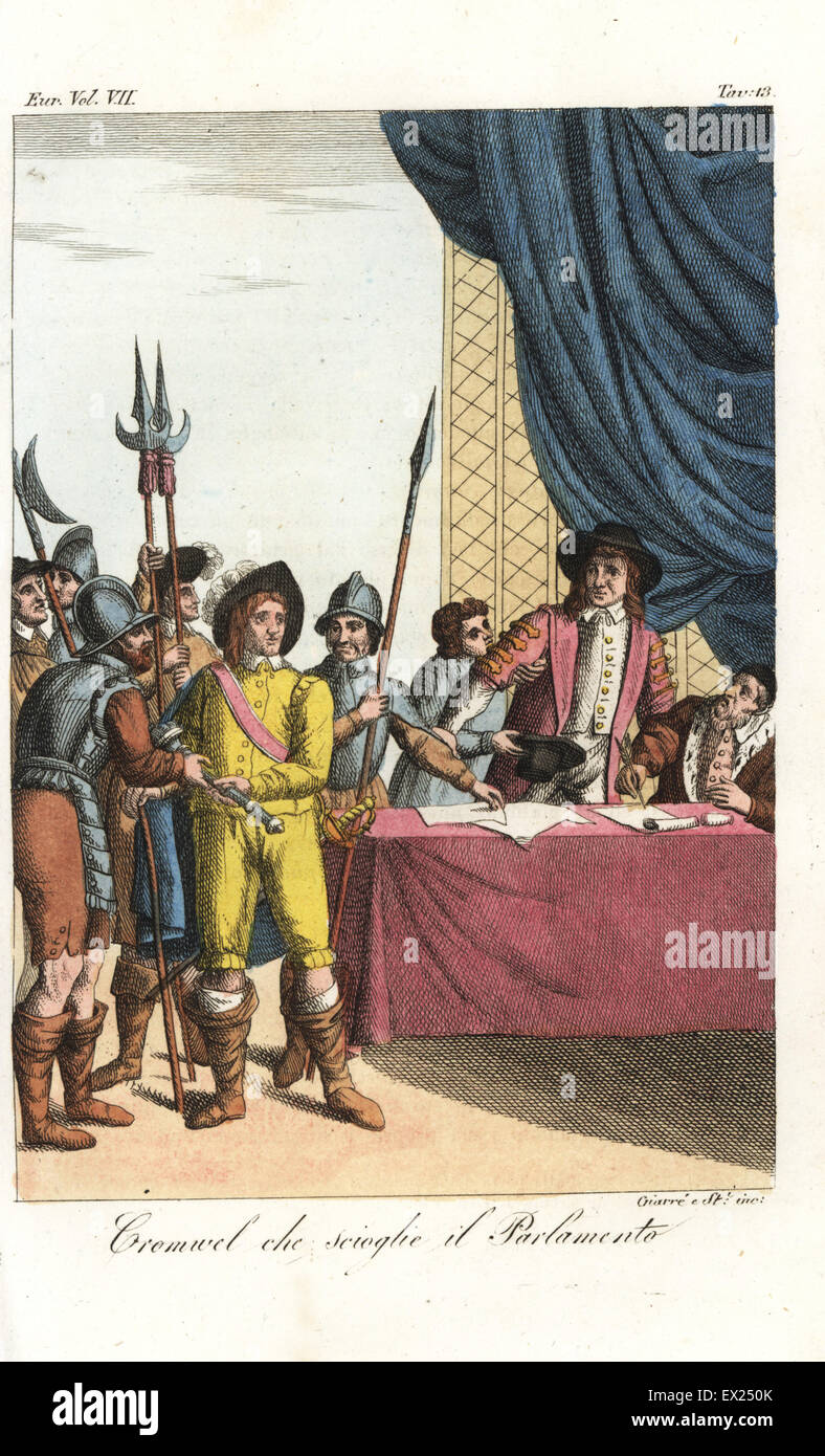 Oliver Cromwell dissolvant le long parlement, 1653, et la réception de la masse d'un soldat. La gravure sur cuivre coloriée par Giarre et Stanghi de Giulio Ferrario Costumes d'antique et moderne des peuples du monde, Florence, 1847. Banque D'Images