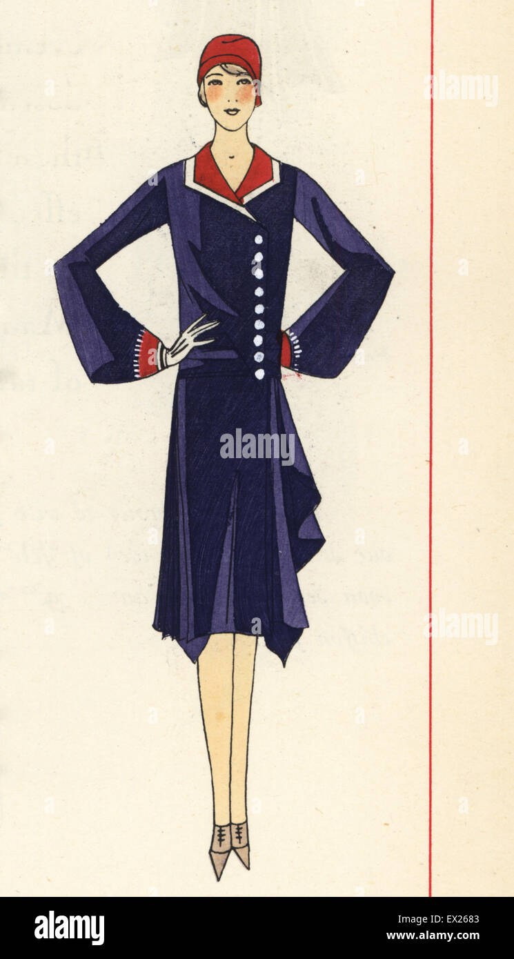Femme en robe d'après-midi en crêpe bleu avec boutons blancs. Lithographie à pochoir (stencil) handcolor du magazine de mode de luxe, la goutte d'Art, Beaute, Paris, 1929. Banque D'Images Femme en robe d'après-midi en crêpe bleu avec boutons blancs. Lithographie à pochoir (stencil) handcolor du magazine de mode de luxe, la goutte d'Art, Beaute, Paris, 1929. Banque D'Images