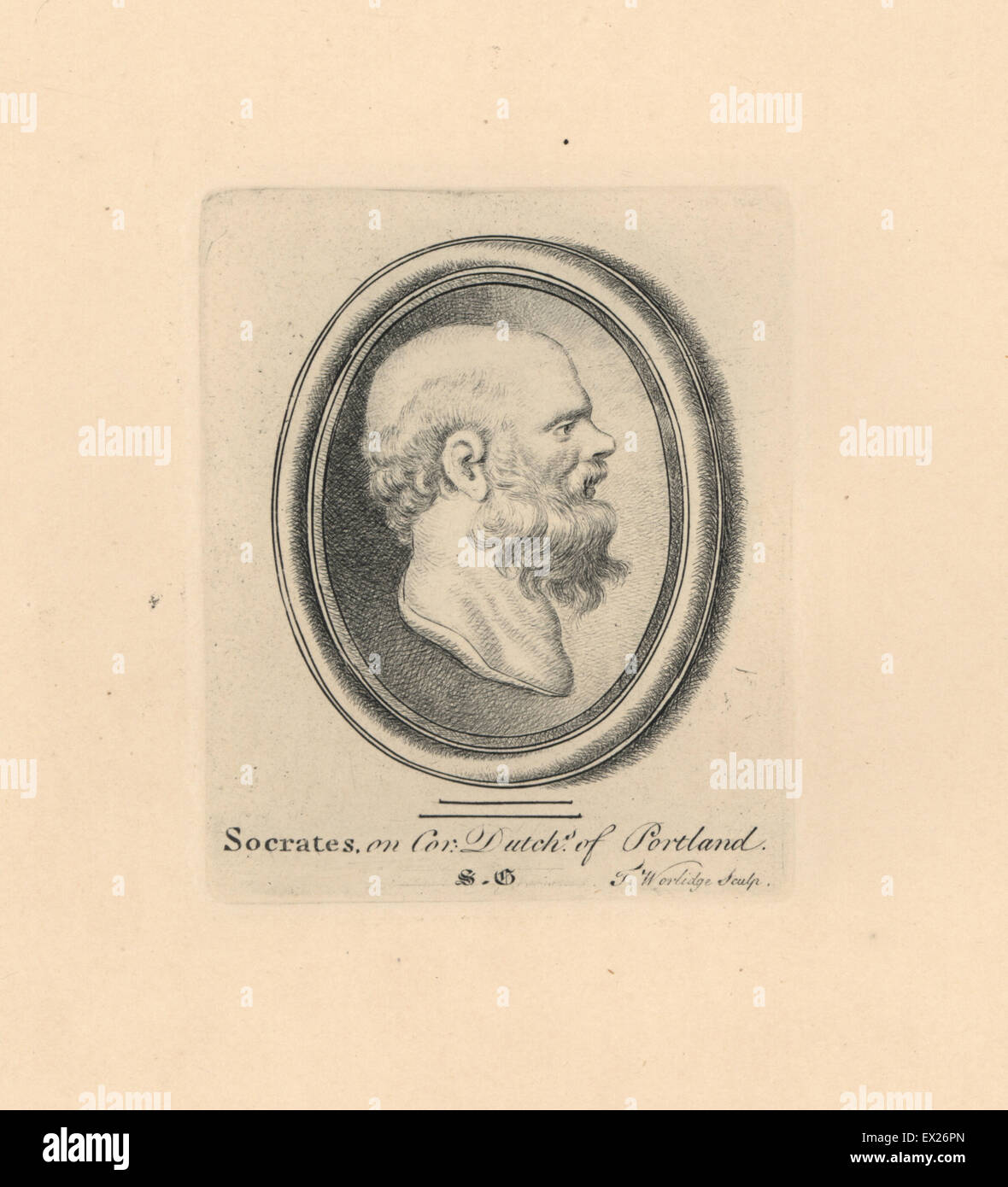 Portrait de Socrate, philosophe grec, de la cornaline sur duchesse de Portland's collection. La gravure sur cuivre par Minerve éclairant de James Vallentin's cent huit gravures de pierres antiques, 1863. Banque D'Images