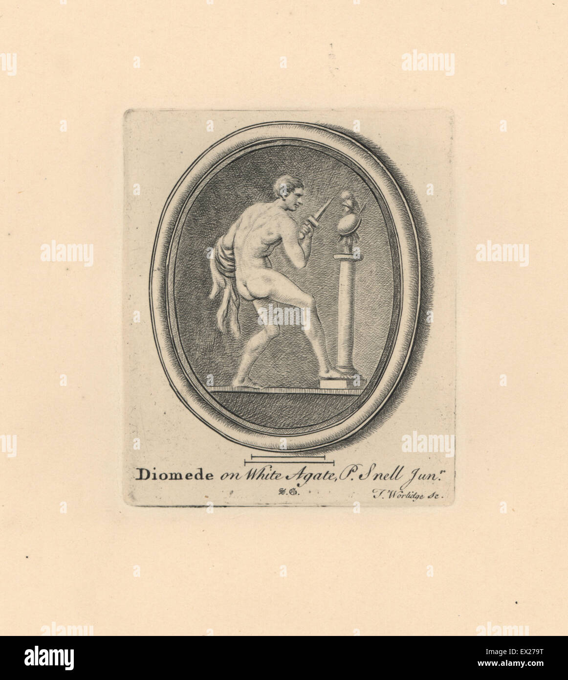 Portrait de Diomède, guerrier héros dans l'Iliade, avec petite épée et manteau avant une statue, sur agate blanche de la collection de P. Snell Jr. gravure sur cuivre par Minerve éclairant de James Vallentin's cent huit gravures de pierres antiques, 1863. Banque D'Images