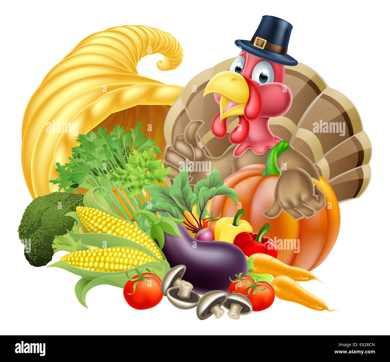 Caricature de Thanksgiving Turquie bird portant un pèlerin ou puritan grâce hat avec cornucopia plein de produire Banque D'Images