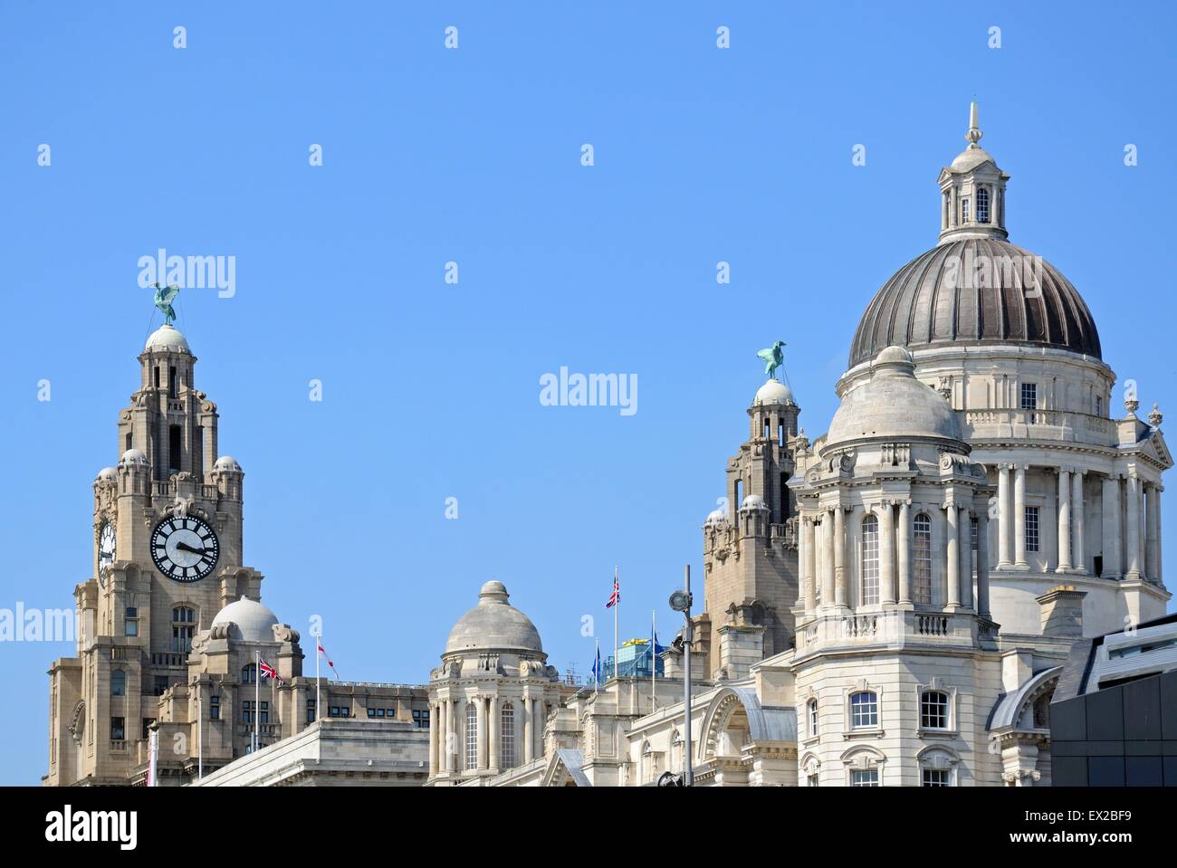 Les trois grâces composé du Liver Building, Port of Liverpool Building et la Cunard Building, Liverpool, Angleterre. Banque D'Images