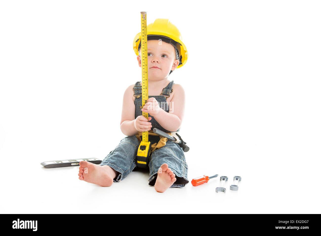 Carpenter baby boy portrait sur un fond blanc isolé Banque D'Images
