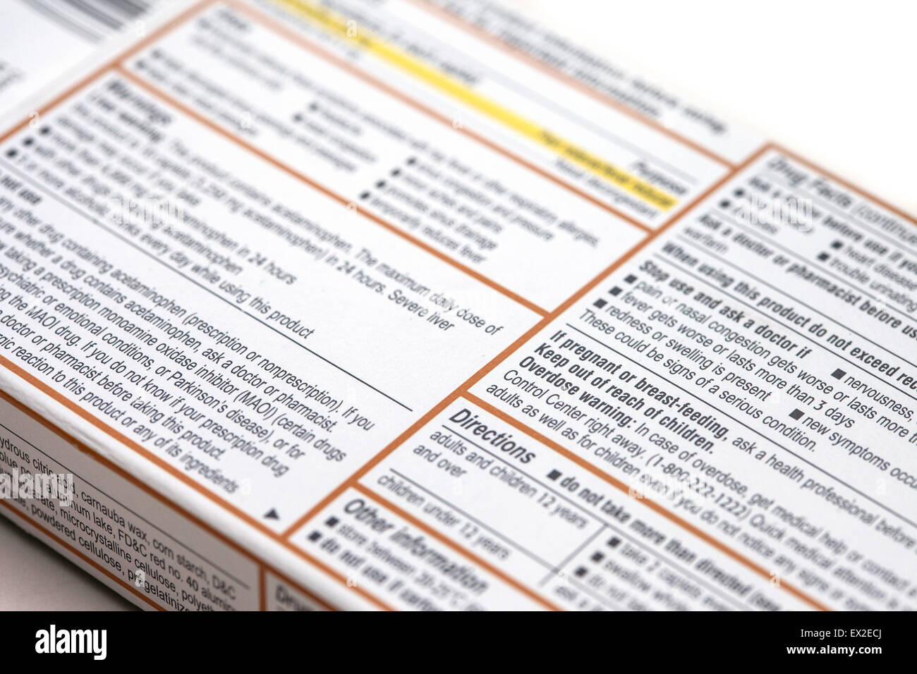 L'arrière d'une boîte de médicament présente les faits, les précautions et  instructions pour le médicament qu'il contient Photo Stock - Alamy