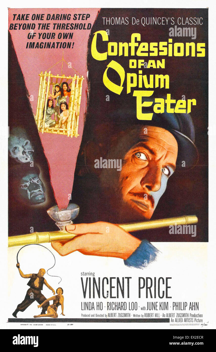 Pour l'affiche 'Confessions d'un mangeur d'Opium ' (alias 'Maux de Chinatown') 1962 film réalisé par Albert Zugsmith. C'est le US une feuille imprimée de l'affiche 1962 pour les films US sortie en juin de cette année. Le film est très librement inspiré d'Thomas De Quincey's 'Confessions of an English Opium-Eater" publié pour la première fois en 1821. Un film bizarre où un descendant de Thomas De Quincey, le mangeur d'opium original, enregistre les filles esclaves gardés dans des cages en bambou dans Chinatown, San Francisco. Banque D'Images
