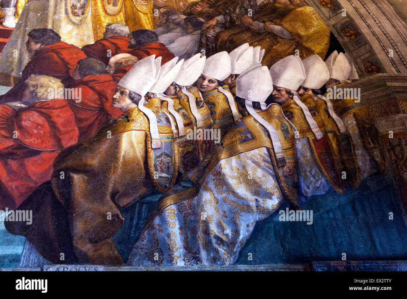 Détail de couronnement de Charlemagne, dans l'incendie de l'hôtel Borgo une peinture de Raphaël. Musée du Vatican Banque D'Images