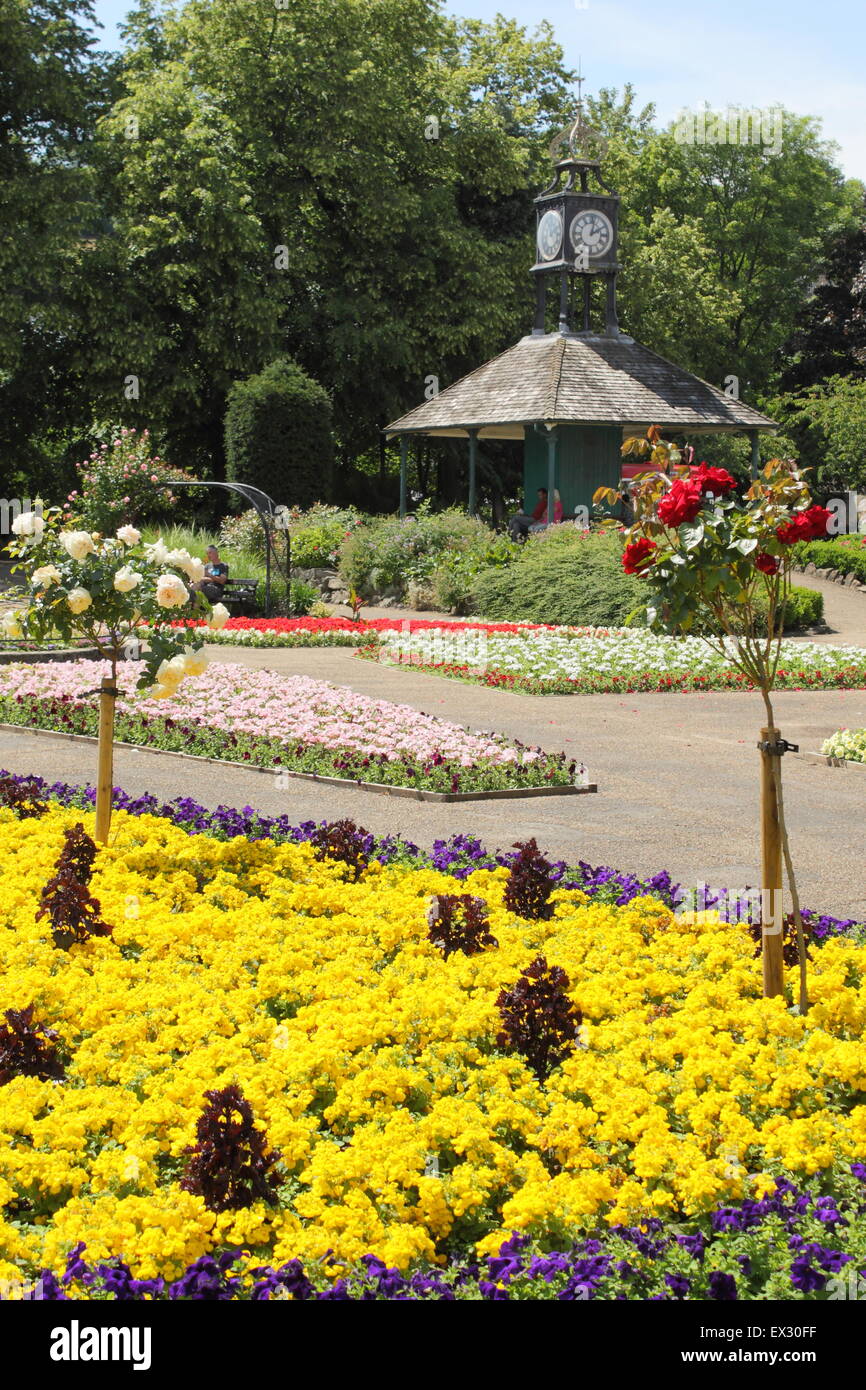 Fleurs traditionnelles en salle Leys Park, un prix il y est arrivé l'espace public dans Matlock, Derbyshire, Angleterre Royaume-uni Grande-Bretagne Banque D'Images