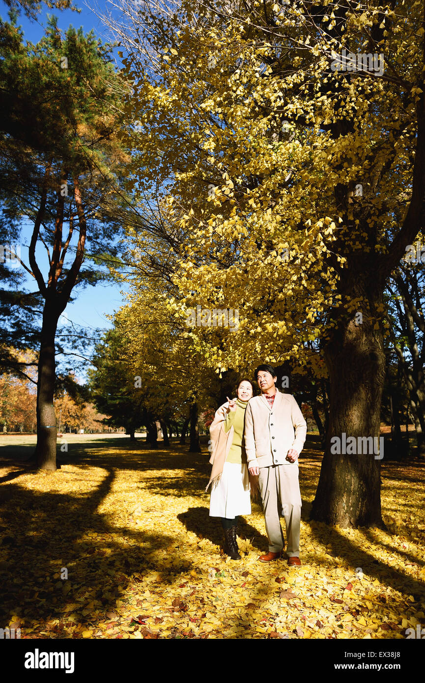 La haute couple japonais dans un parc de la ville à l'automne Banque D'Images