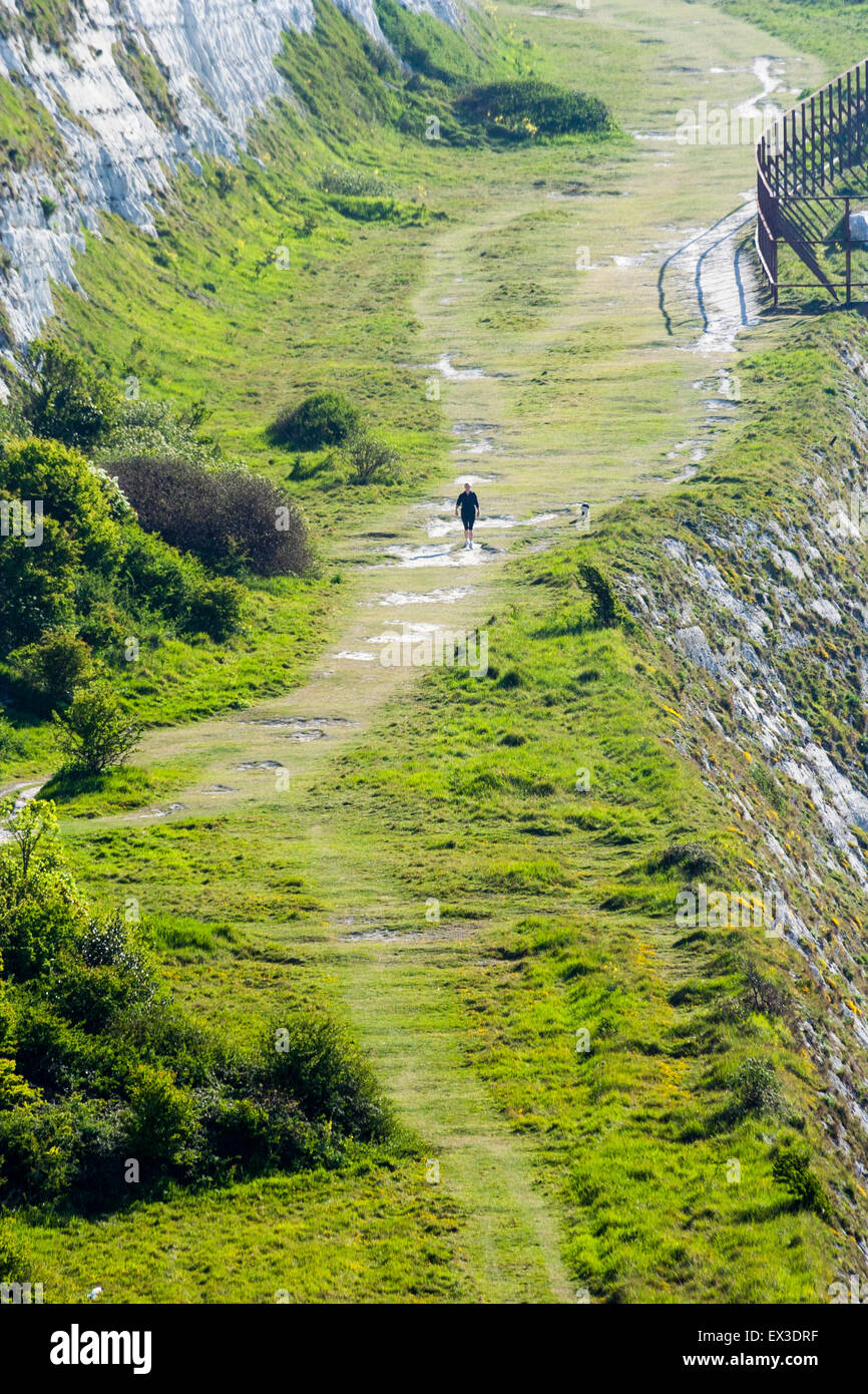 Les célèbres falaises blanches de Douvres, bird's eye view de solitaire solitaire Women walking dog le long du chemin le long des falaises. Il est éclipsé par le paysage. Banque D'Images