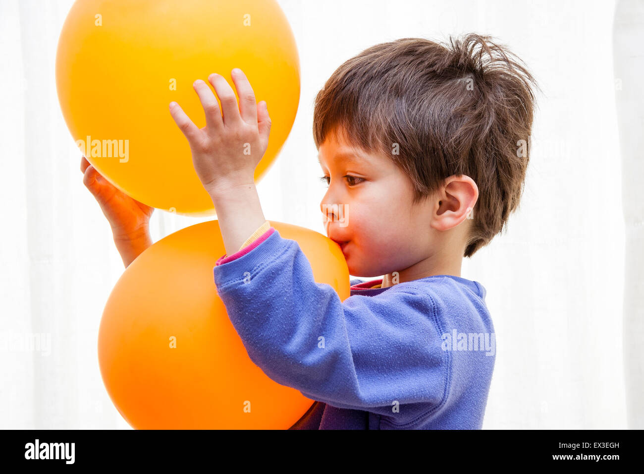 Caucasien enfant, garçon, 6-7 ans, tenant à de grands ballons orange, l'une des deux mains, d'autres par ses dents. Vue de côté. À l'intérieur. Banque D'Images