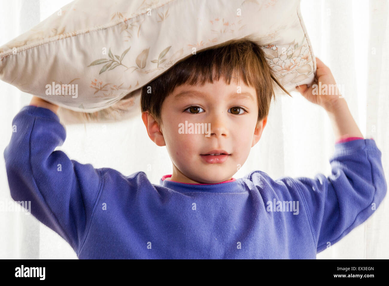 Caucasien enfant, garçon, 6-7 ans, à l'aide de mains d'équilibrer coussin sur sa tête tout en regardant viewer. À l'intérieur, la tête et les épaules. Eye-contact. Banque D'Images