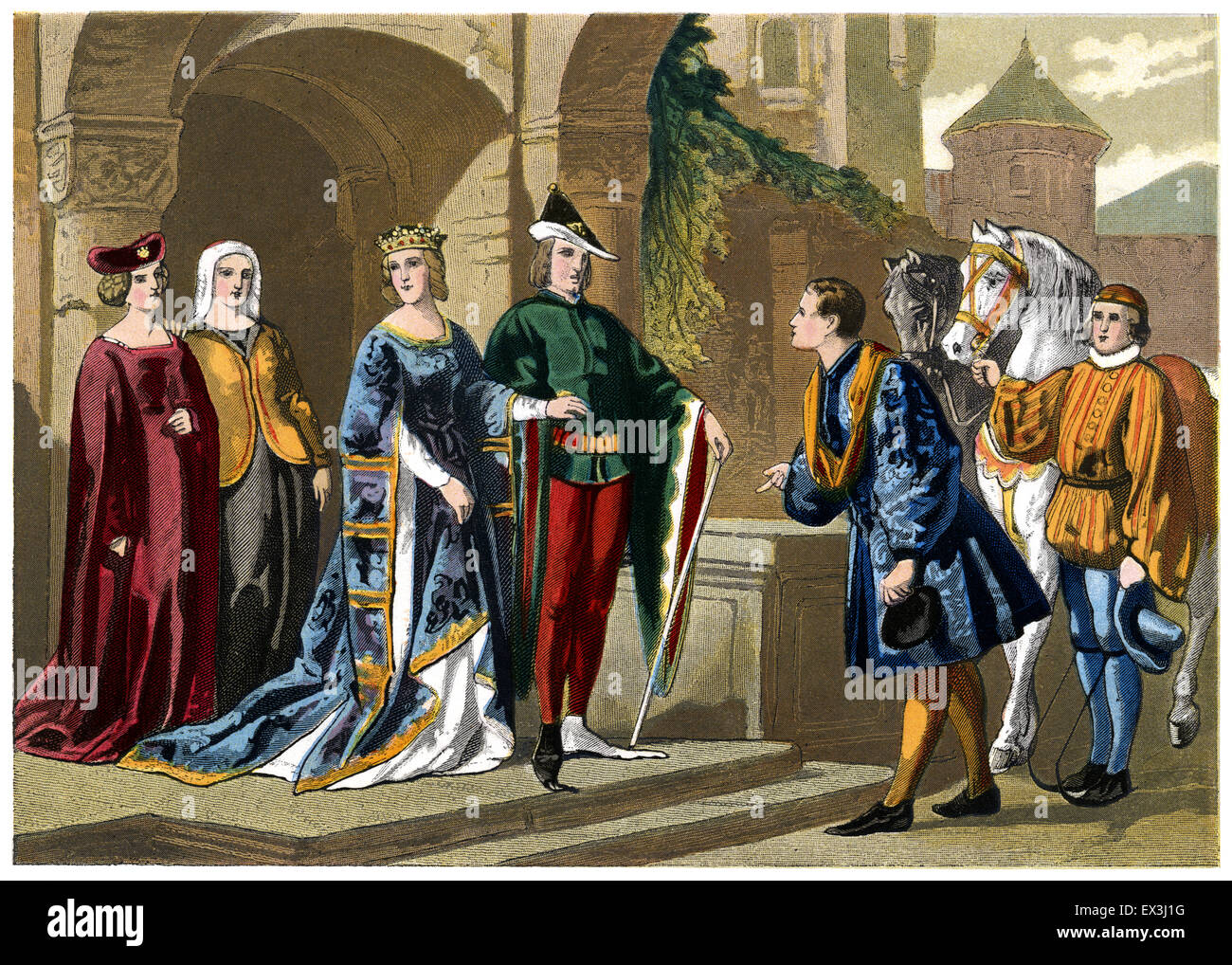 Costumes du xive siècle - illustration couleur d'époque victorienne Banque D'Images