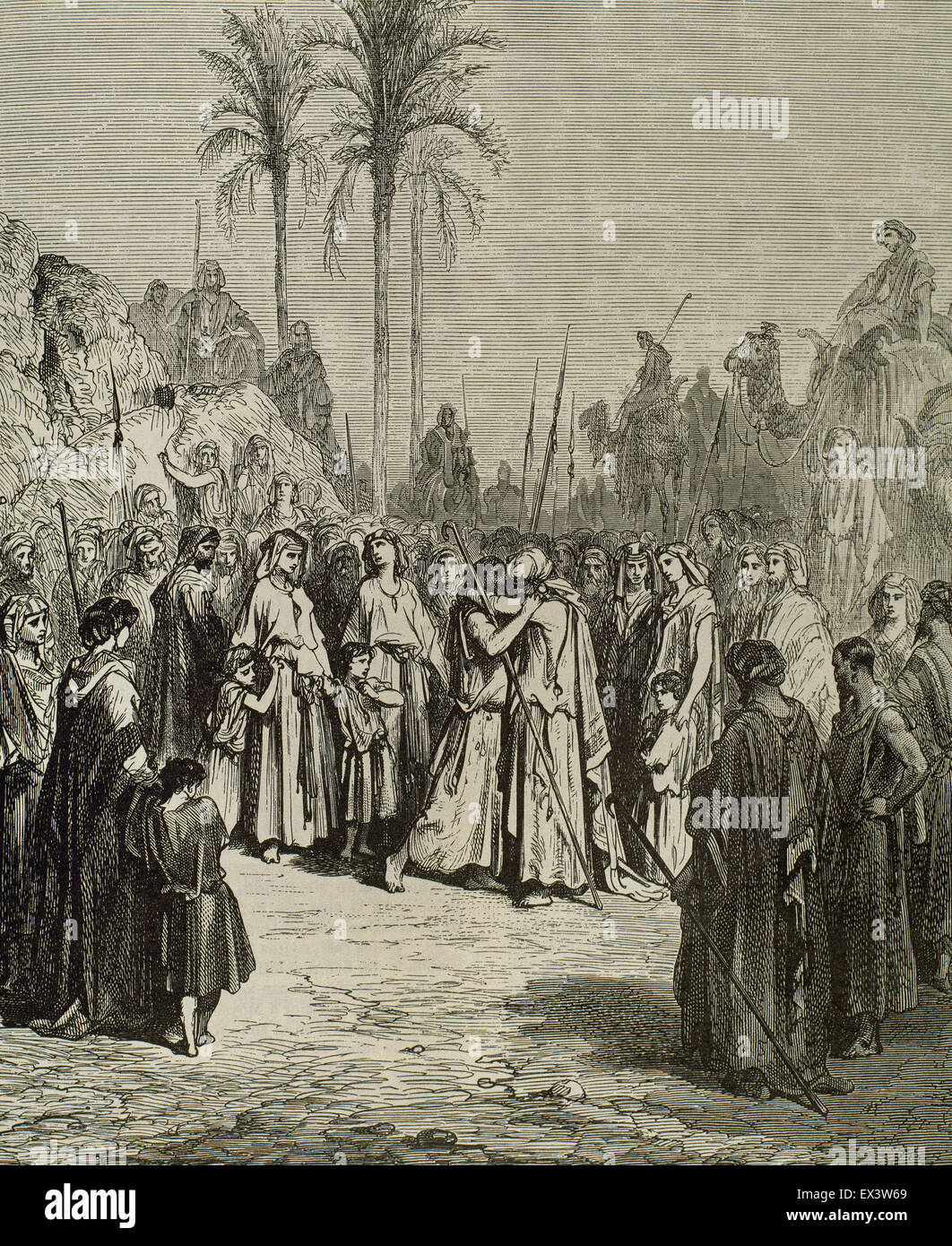 Livre de la Genèse. La réconciliation entre Jacob et Esaü. Gravure de Gustave Dore (1832-1883). Banque D'Images