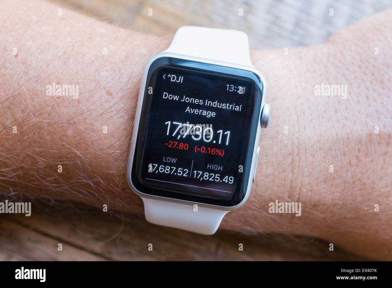 Résumé de l'indice Dow Jones des marchés boursiers montrant sur un Apple Watch Banque D'Images