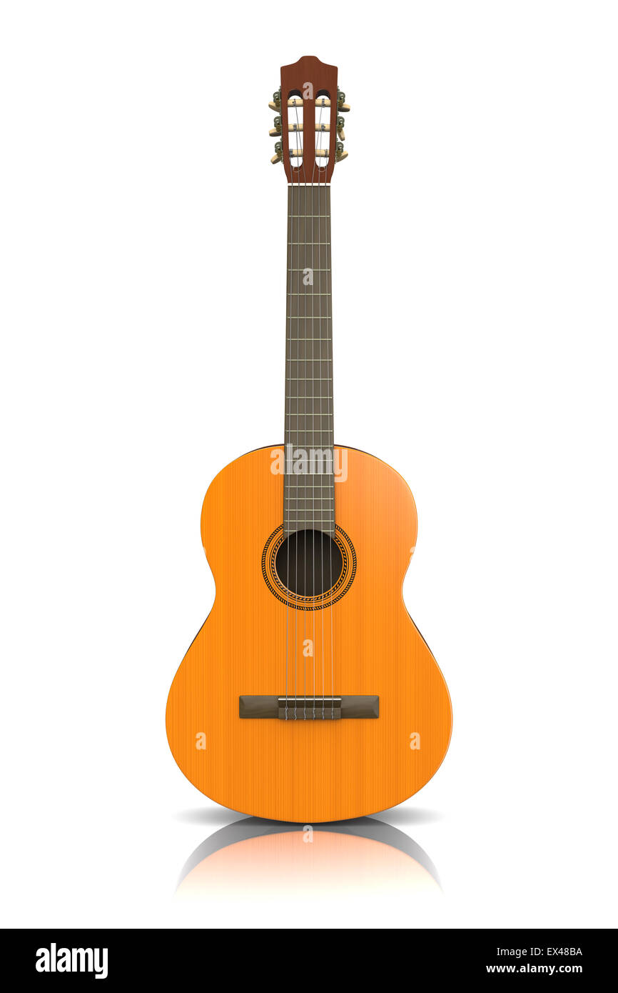 Guitare classique sur fond blanc Illustration photo-réaliste en 3D Banque D'Images