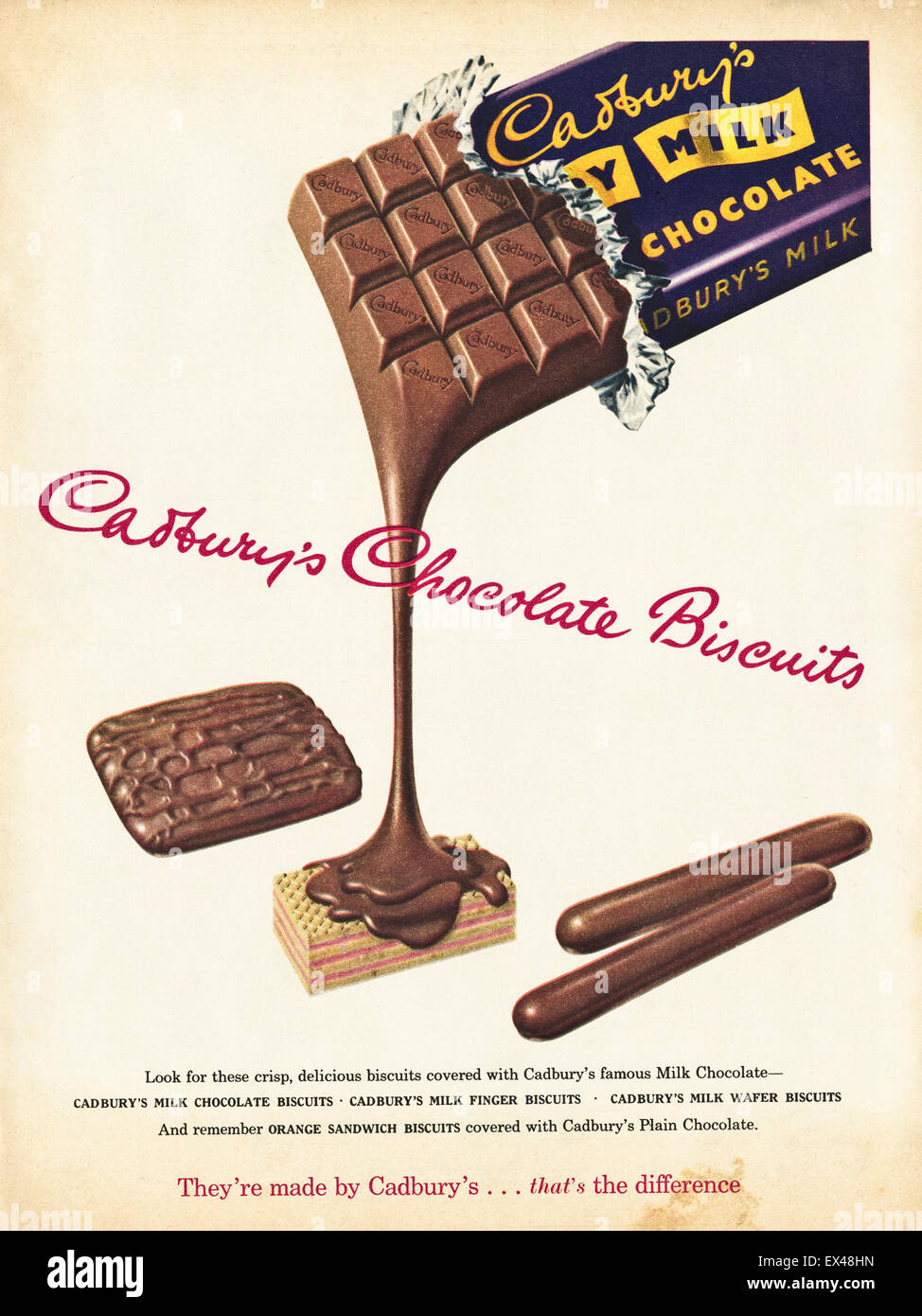 Années 1950, la publicité. 50s publicité vers 1952 magazine publicité pour Cadbury's Biscuits au chocolat Banque D'Images