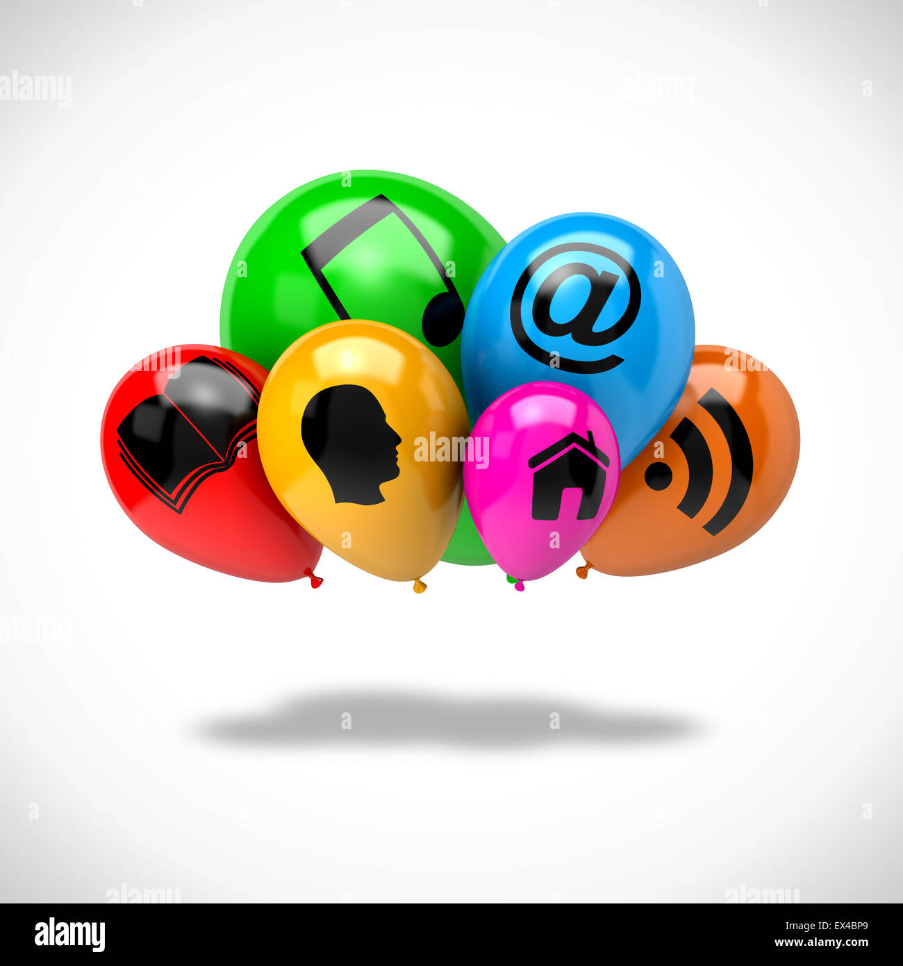 Bouquet de ballons aux couleurs vives avec des symboles de l'icône sur fond blanc 3D Illustration, Cloud Computing Concept Banque D'Images