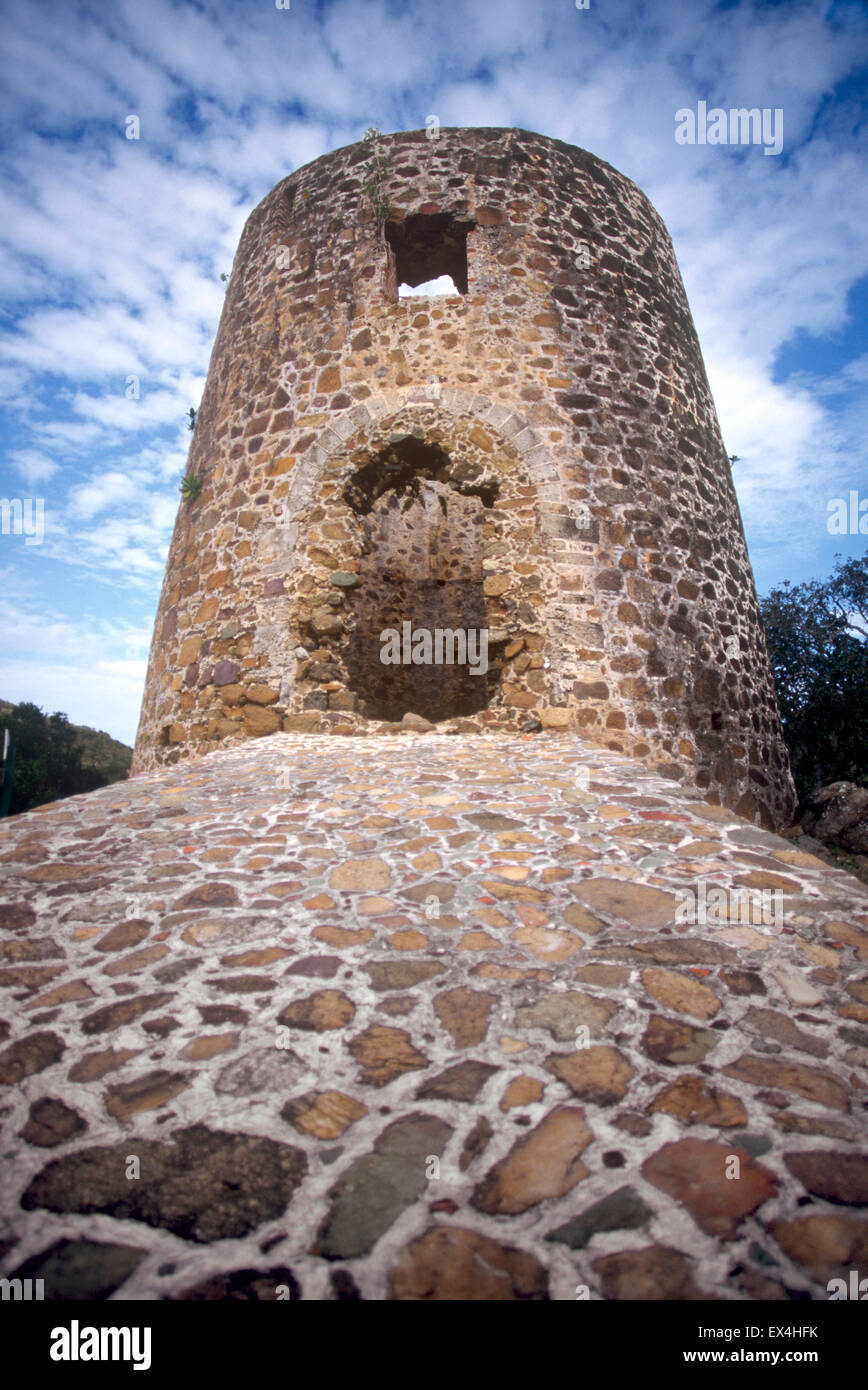 Caraïbes, îles Vierges britanniques, Tortola, Mt. Parc national sain, moulin ruines dans le cadre d'une plantation de canne à sucre du 18ème siècle Banque D'Images
