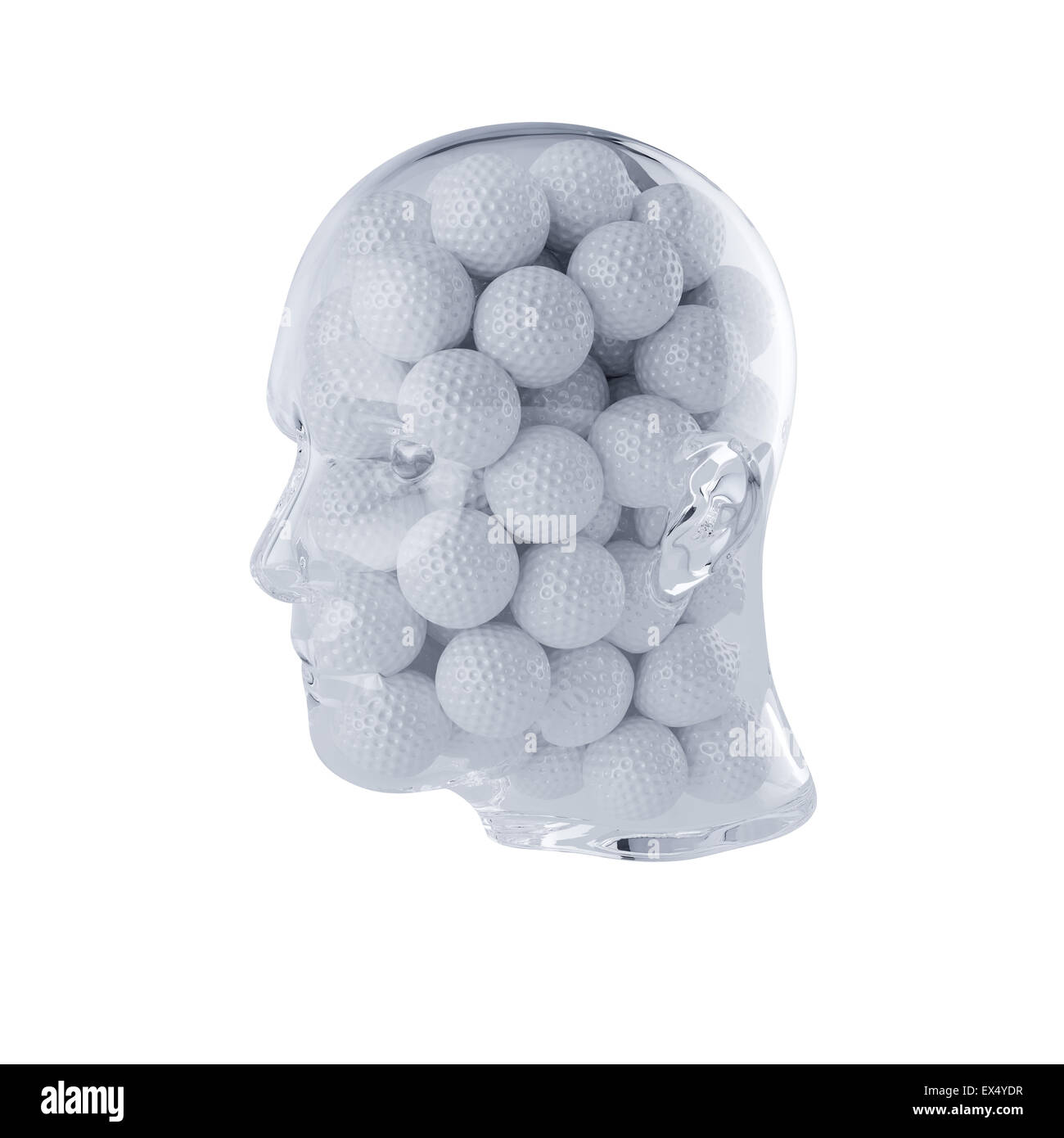 Le rendu 3D de verre transparent remplis de tête des balles de golf. Isolé sur fond blanc. Concept lecteur Banque D'Images