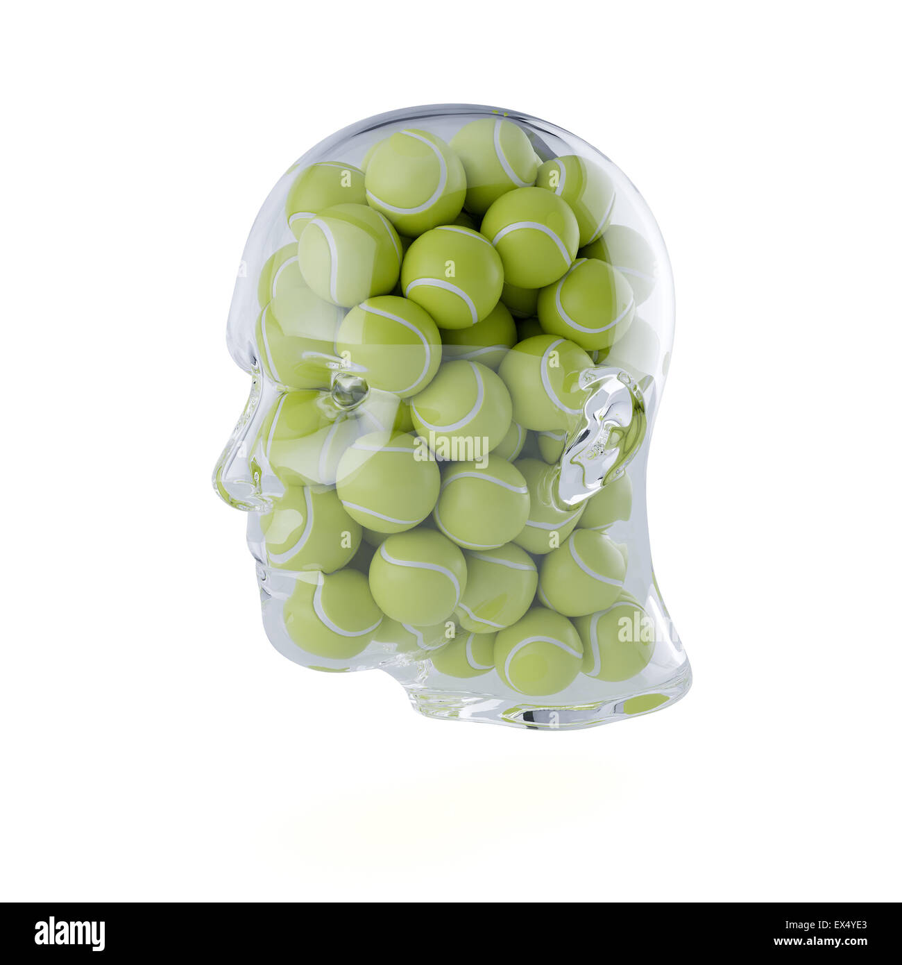 Le rendu 3D de verre transparent remplis de tête humaine des balles de tennis. Isolé sur fond blanc. Concept lecteur Banque D'Images