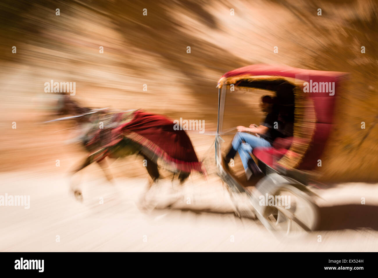 Cheval et sa voiture sur la siq à Pétra, en Jordanie. Photo © robertvansluis.com Banque D'Images