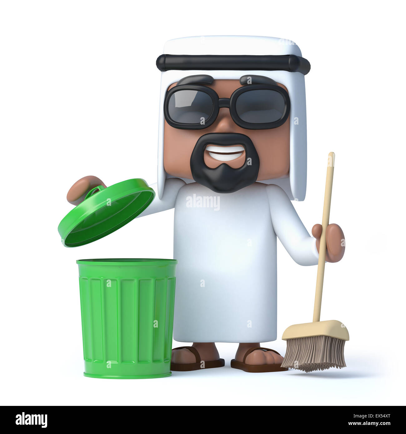 3D render d'un pays arabe à l'aide d'un balai et poubelle verte Photo Stock  - Alamy