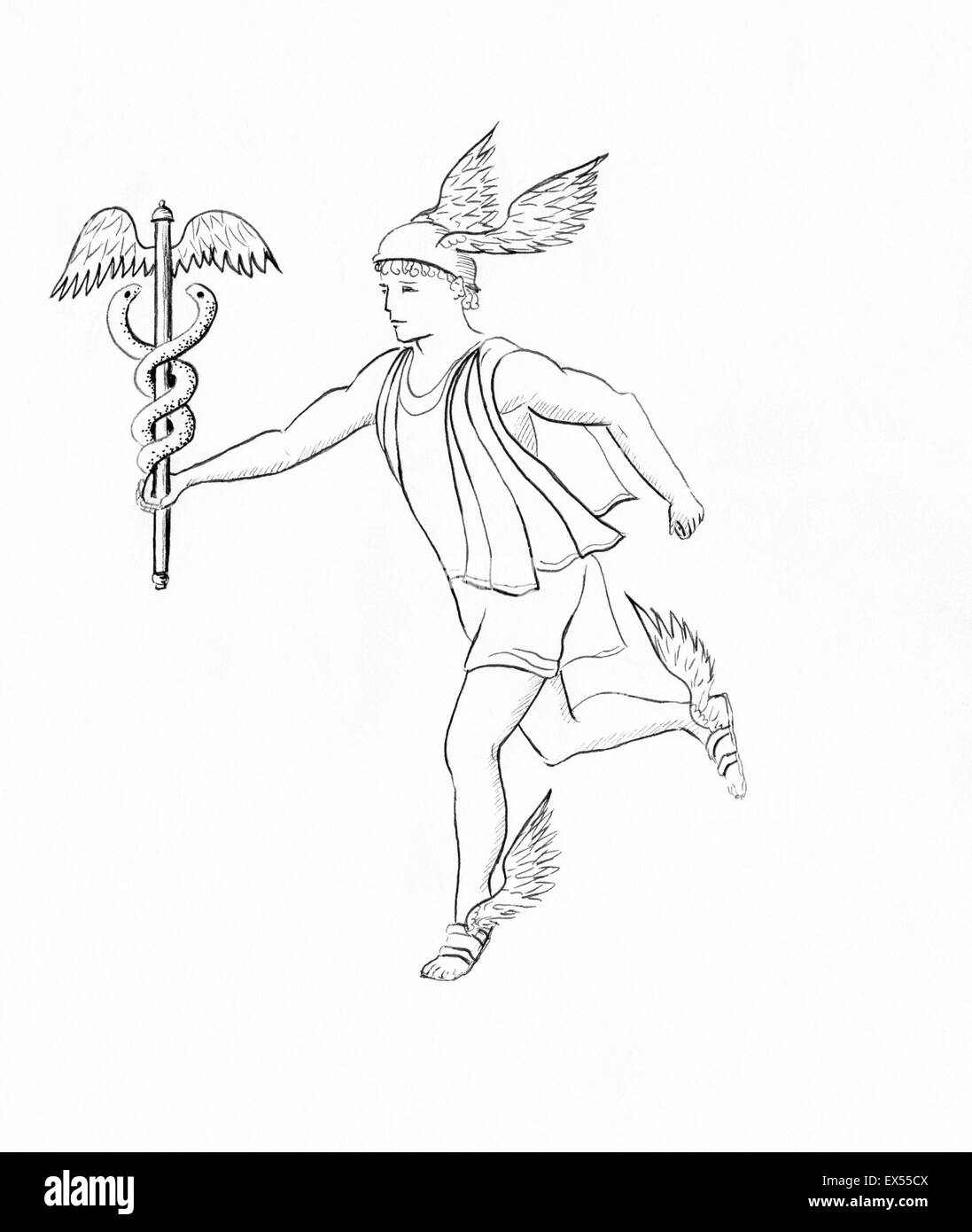 Le dessin des lignes d'Hermès, Mercure, ancien messager de Dieu. Banque D'Images
