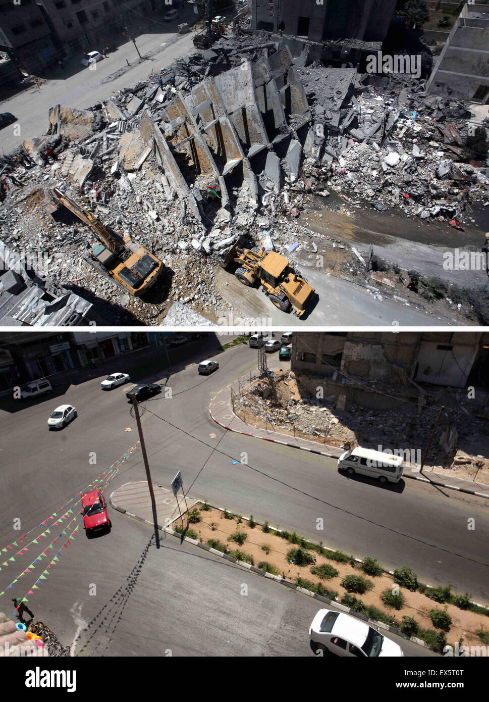 La ville de Gaza, bande de Gaza, territoire palestinien. 7 juillet, 2015. Une combinaison d'images prises le 7 juillet 2015 (en haut) montre des secouristes palestiniens recherchez sous les décombres d'une tour de la construction de maisons, bureaux, qui selon des témoins a été détruit par une frappe aérienne israélienne à Gaza le 26 août 2014, et le même endroit (en bas) le 7 juillet 2015, un an après la guerre de 50 jours entre Israël et le Hamas militants' © Ashraf Amra/APA/Images/fil ZUMA Alamy Live News Banque D'Images