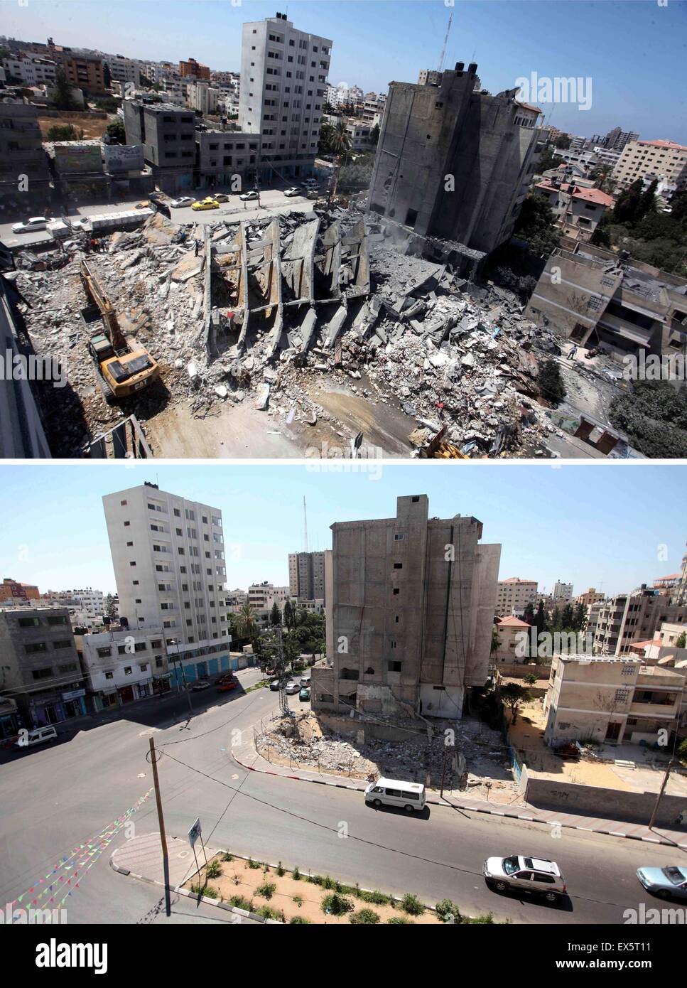 La ville de Gaza, bande de Gaza, territoire palestinien. 7 juillet, 2015. Une combinaison d'images prises le 7 juillet 2015 (en haut) montre des secouristes palestiniens recherchez sous les décombres d'une tour de la construction de maisons, bureaux, qui selon des témoins a été détruit par une frappe aérienne israélienne à Gaza le 26 août 2014, et le même endroit (en bas) le 7 juillet 2015, un an après la guerre de 50 jours entre Israël et le Hamas militants' © Ashraf Amra/APA/Images/fil ZUMA Alamy Live News Banque D'Images