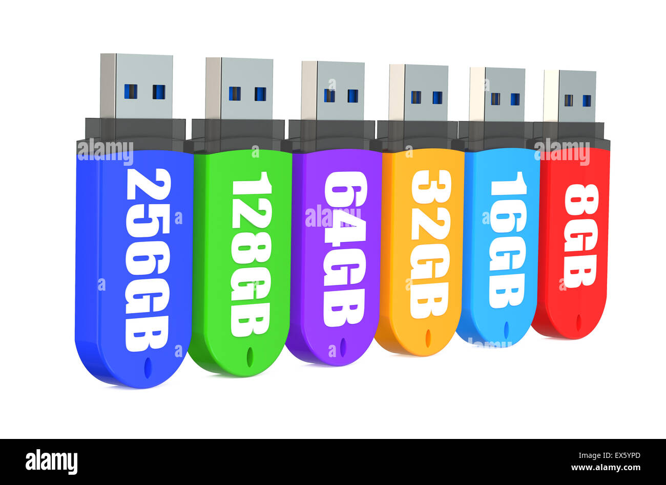 3d rang de lecteurs flash USB couleur isolé sur fond blanc Banque D'Images