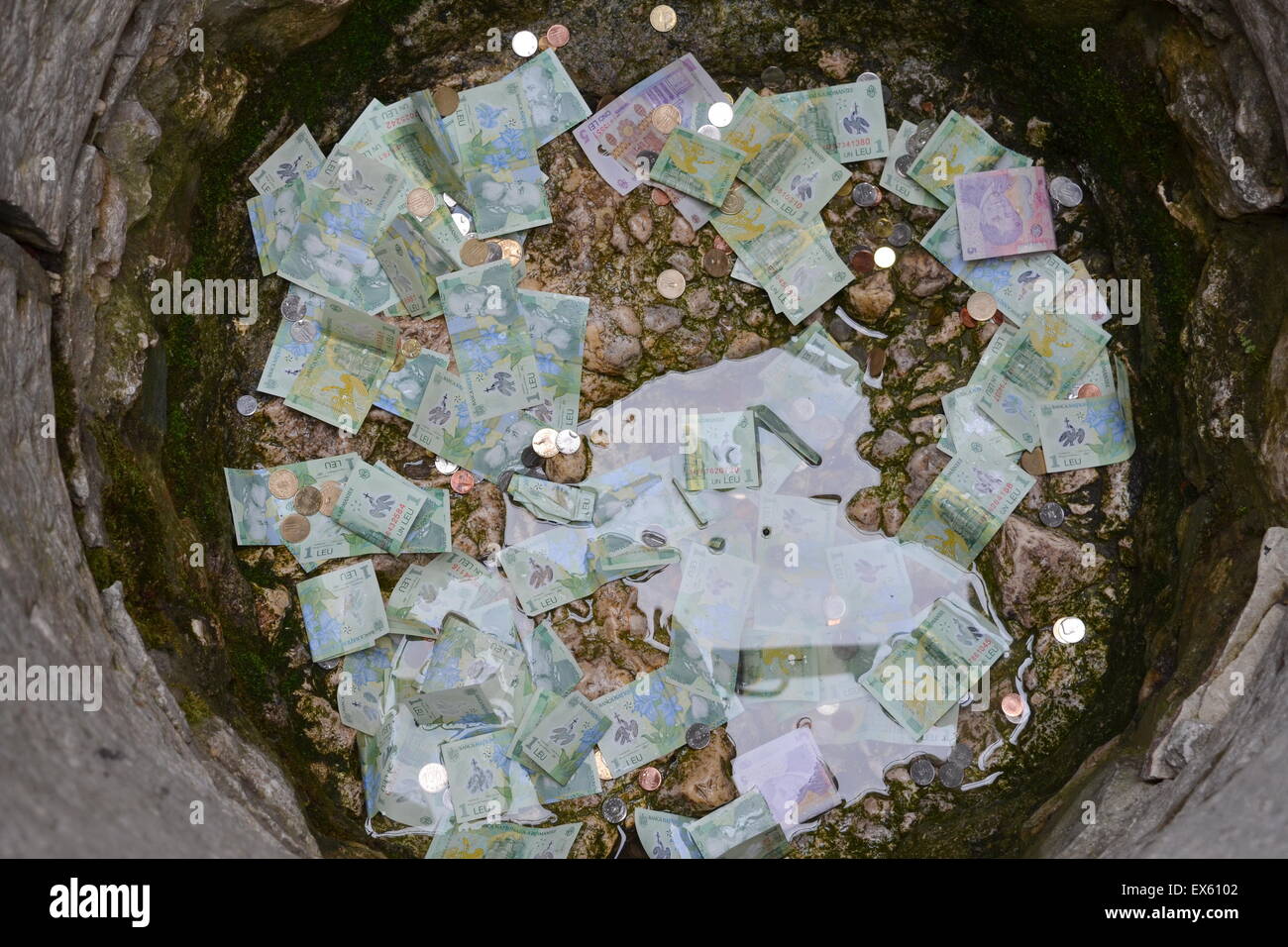 Lei roumains paiement des billets et des pièces à une fortune bien Banque D'Images