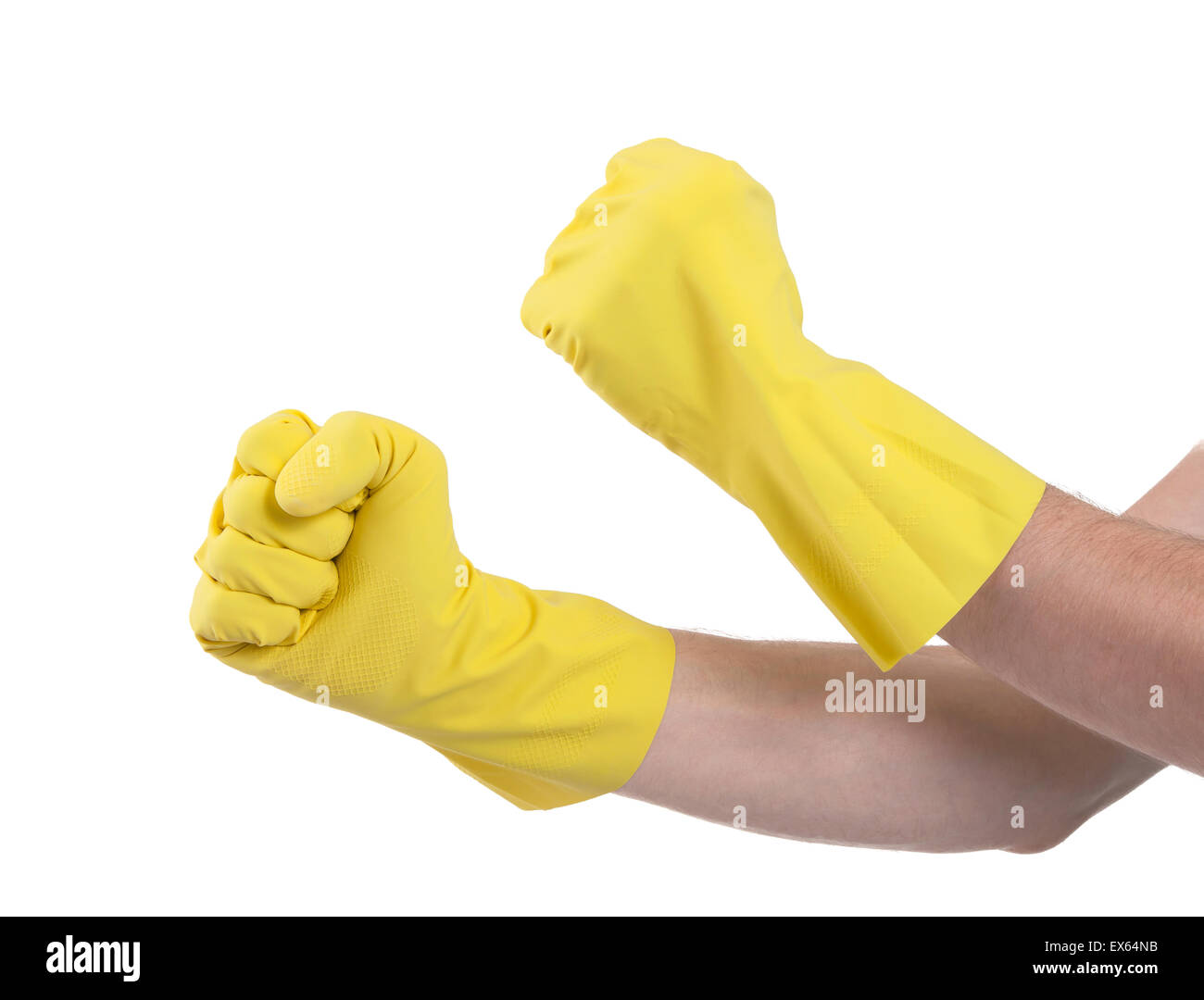 Dans les mains d'un des gants de caoutchouc gesturing fist isolé sur fond blanc Banque D'Images