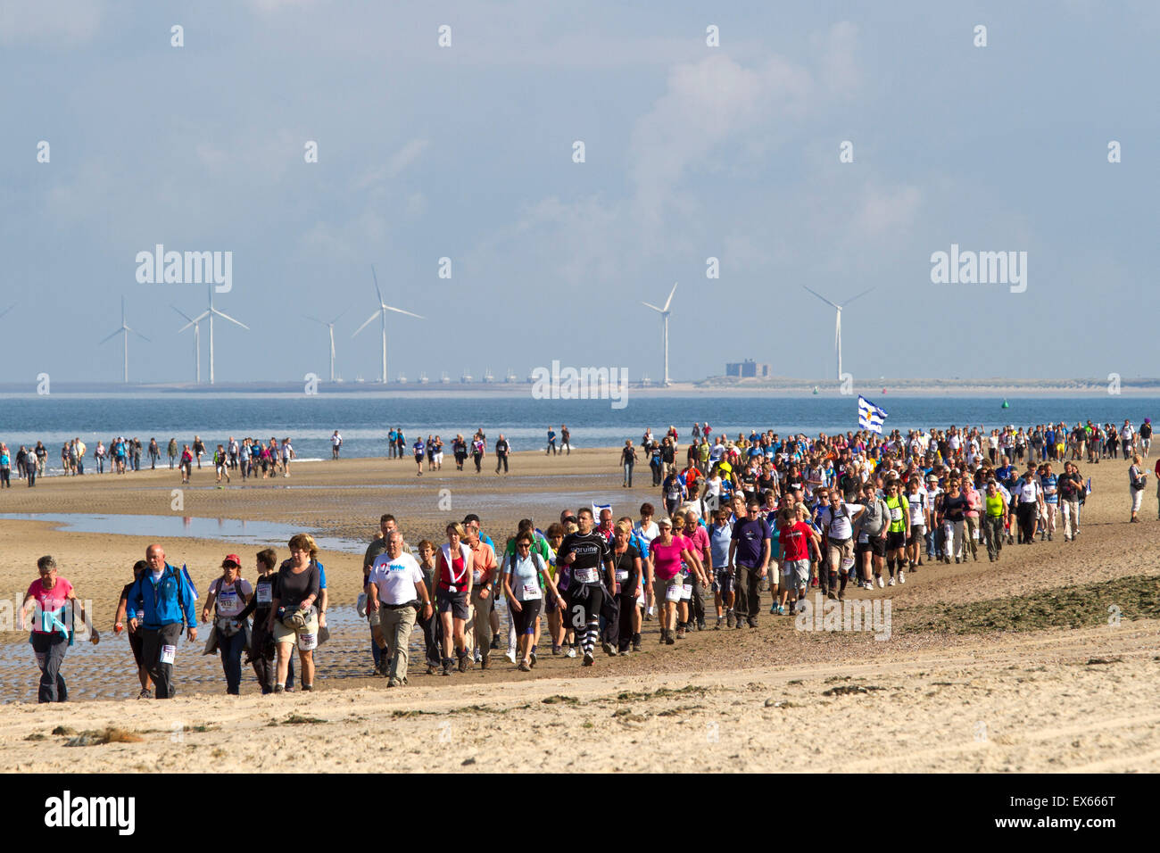 L'Europe, Pays-Bas, Zeeland, les participants de la Zélande Randonnées Marathon à la plage à Oostkapelle sur la presqu'île de Walcheren Banque D'Images
