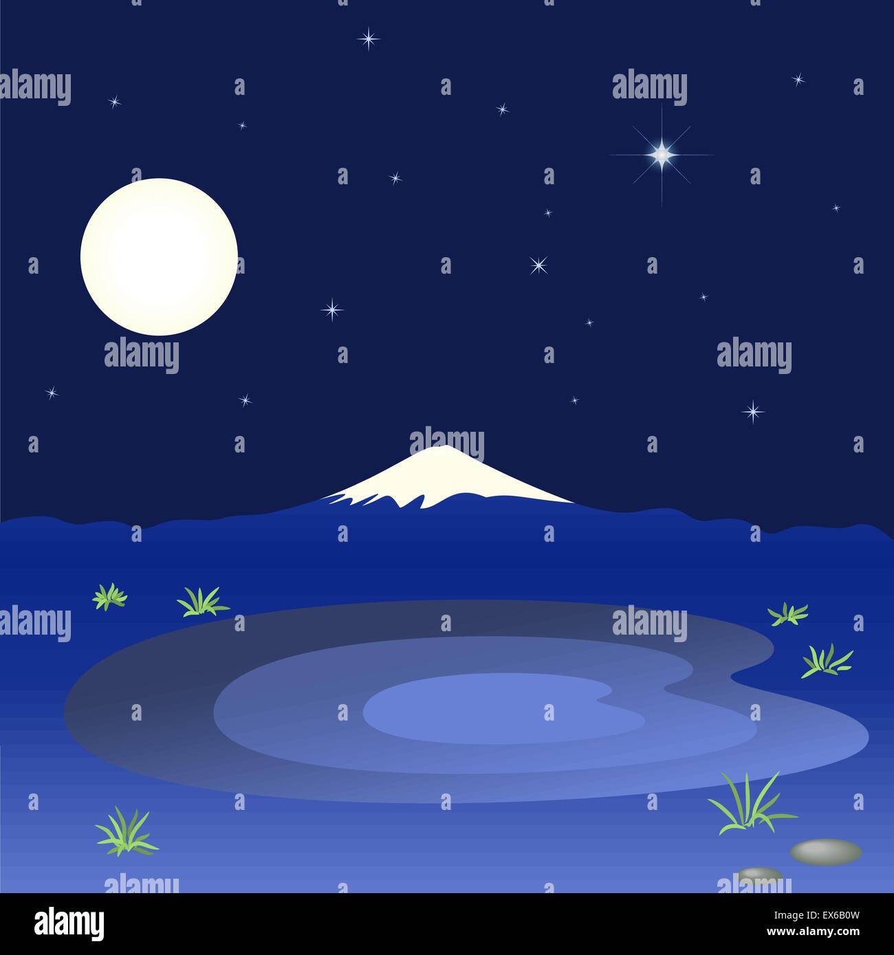 Les montagnes et le lac dans le ciel nocturne, vector illustration Illustration de Vecteur